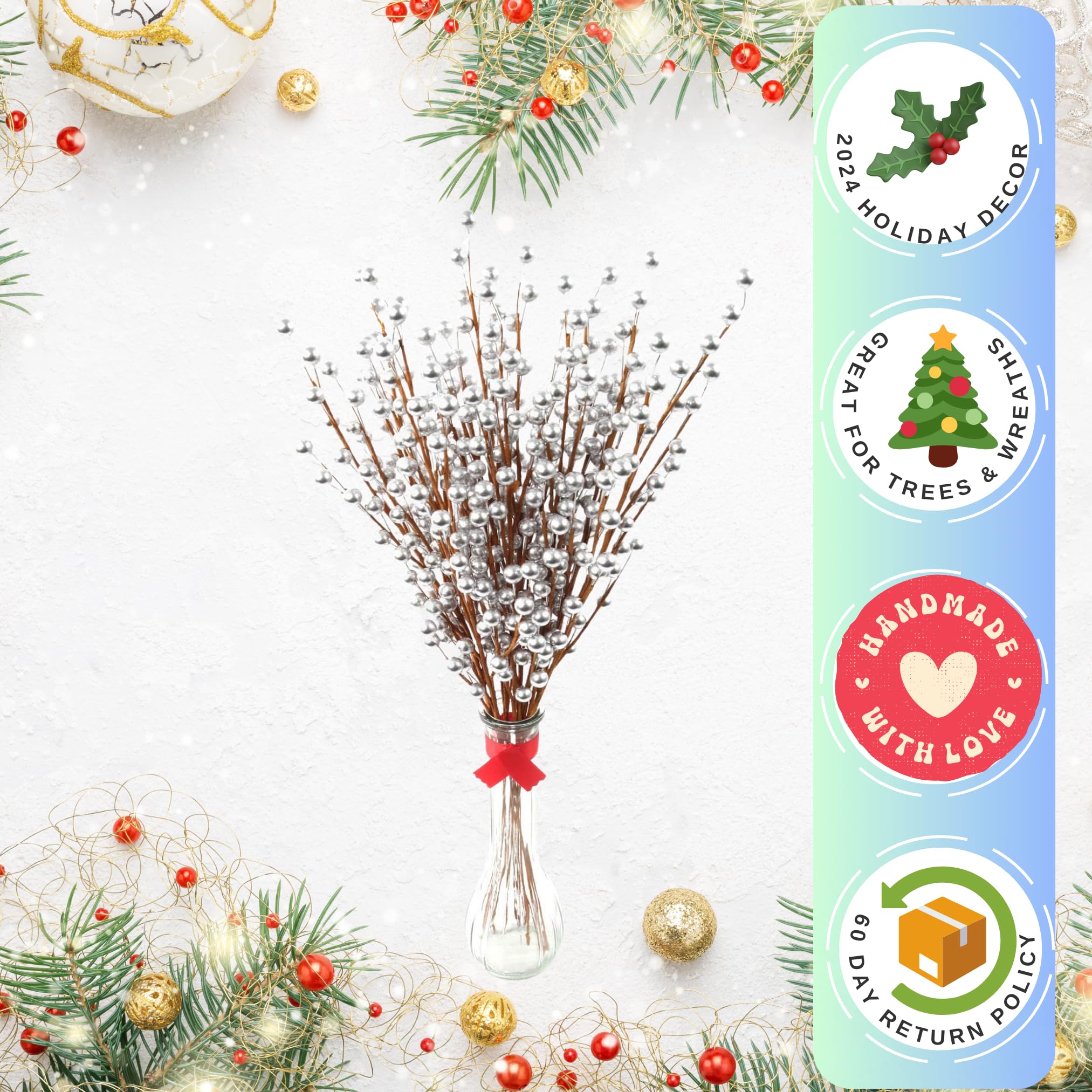 Larksilk 12 Silver Holly Berry Stem Picks - 19