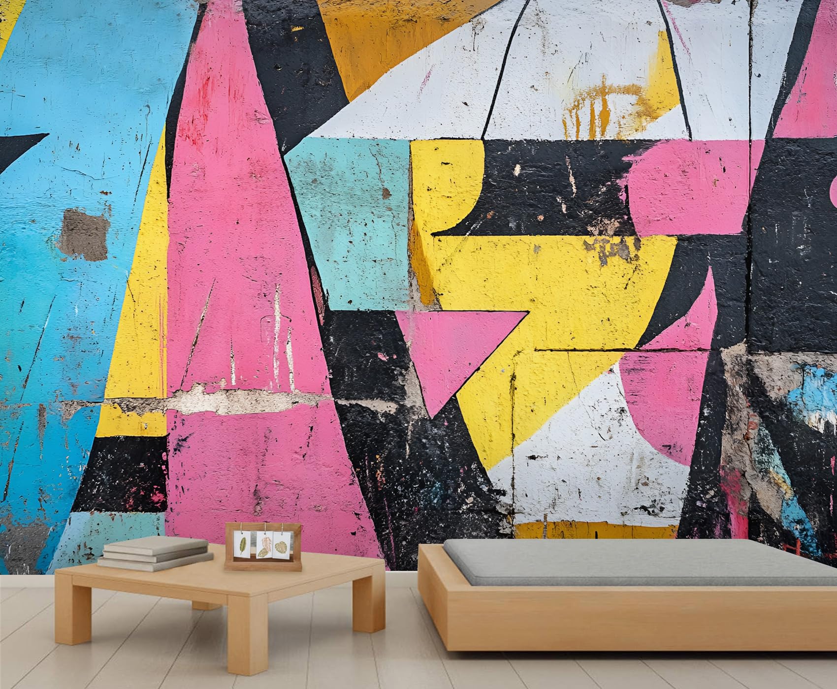 Graffiti Geometry Large Wallpaper, Red Yellow and Blue Mural Street Graffiti Painting Wall Stickers for Kids's Room Dining Bedroom Living Dining Room Wall Decor