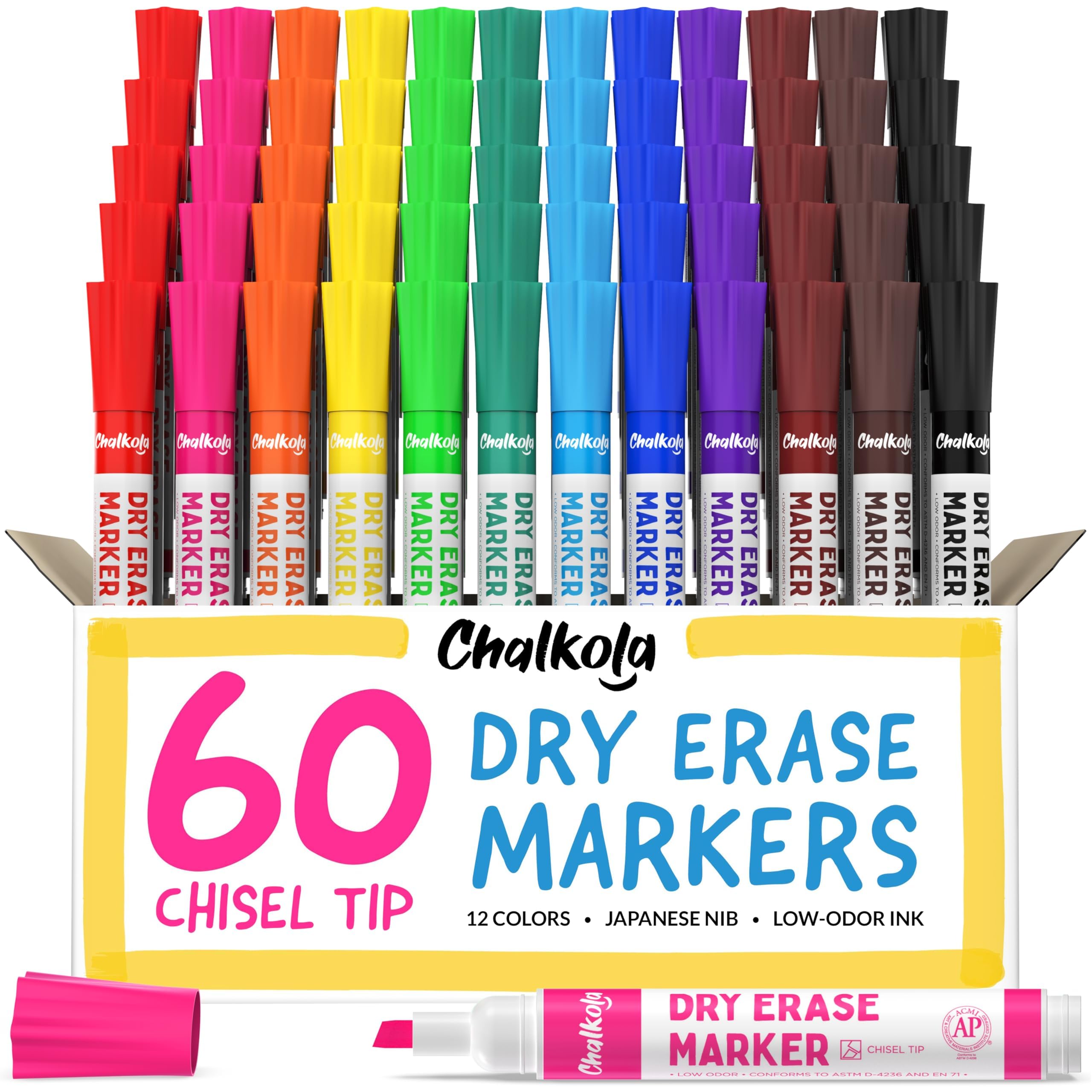 Chalkola Dry Erase Markers Bulk (60 Pack, 12 Vibrant Colors) | Chisel Tip WhiteBoard Markers, Dry Erase Pens - White Board Pens for Kids, Teachers -
