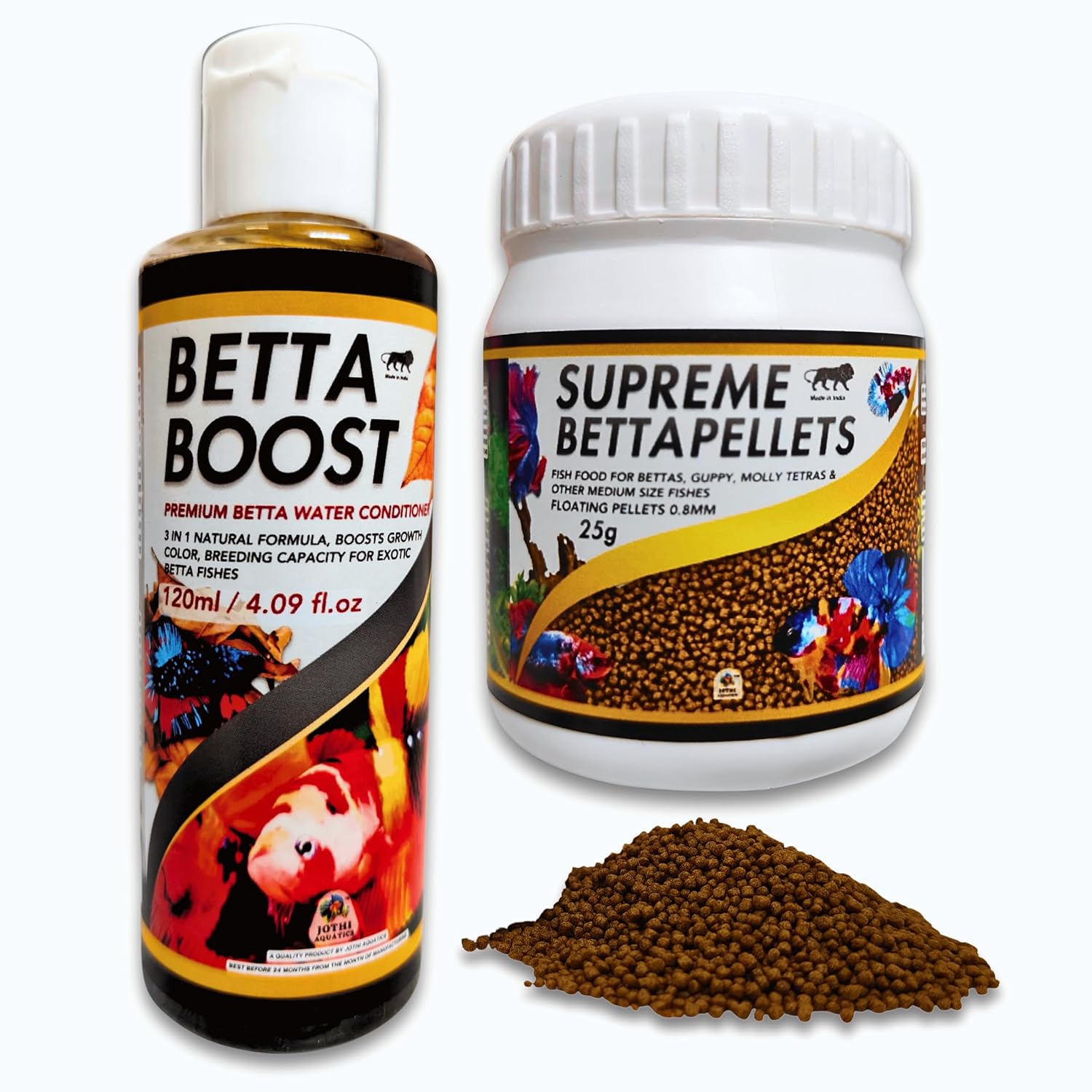 Aquarium Betta Fish Care 2 in 1 Starter Combo Kit | Betta Boost Water Conditioner 120ml, Supreme Betta Pellets Fish Food 25g