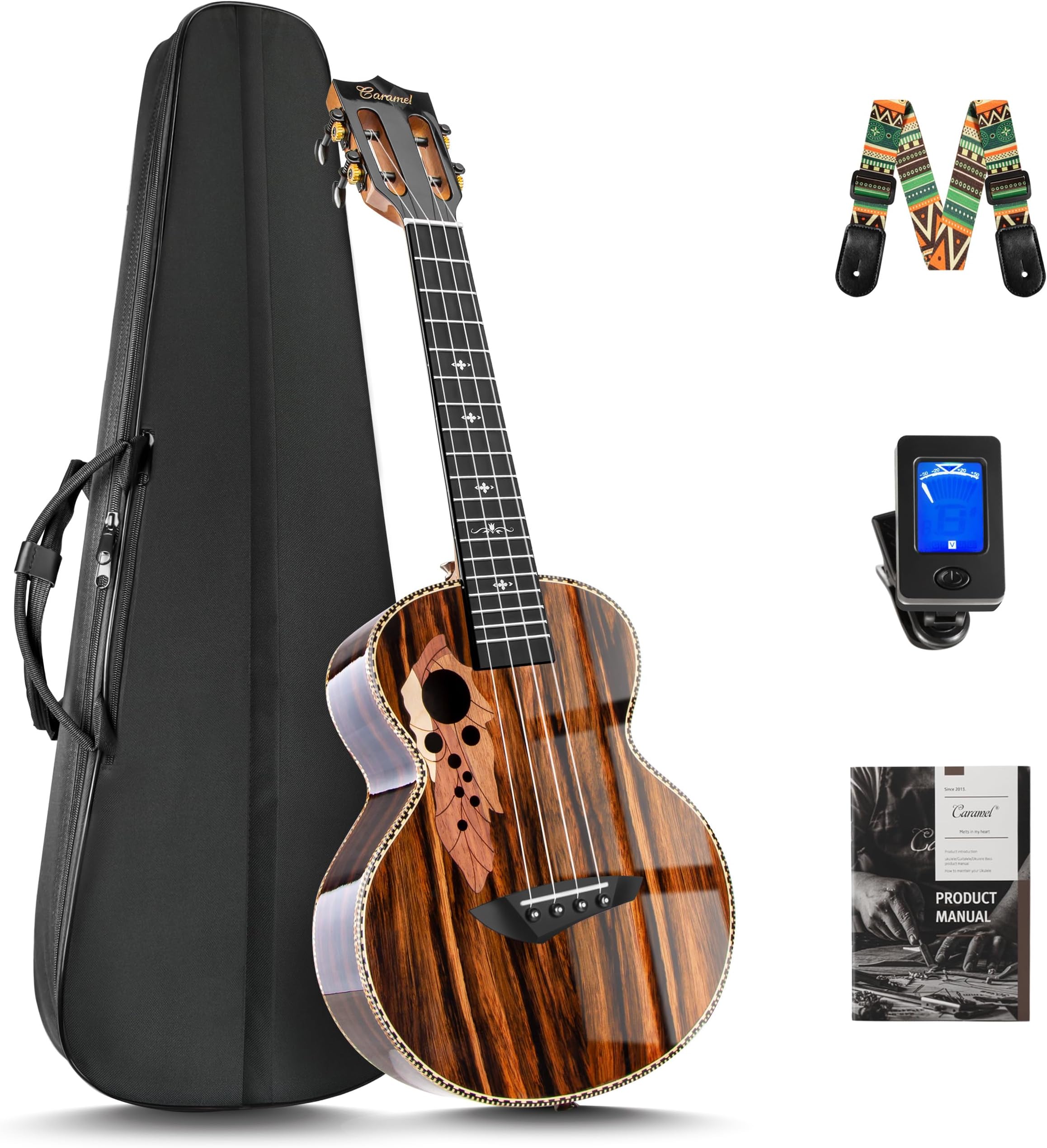 CAG94 Glossy Black Ebony 23" Concert Ukulele for Beginner | Handmade Ukelele Starter Kit