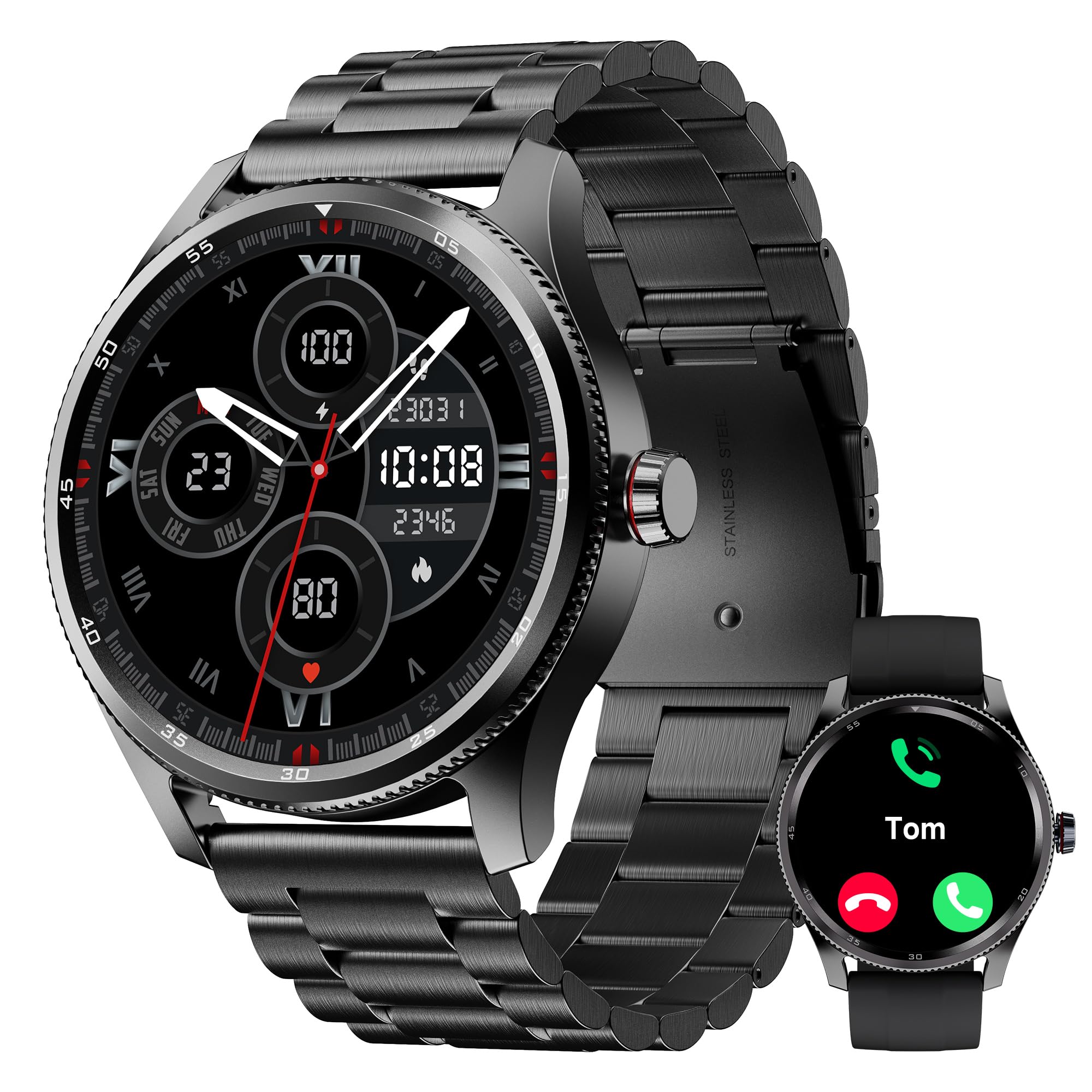 TOOBURSmart Watch Men Alexa Built-in, Answer Make Call, IP68 Waterproof, Heart Rate/Step Counter/Sleep Tracker/100 Sports Run Swim, Fitness Sport Watch Compatible Android iOS, Metal Bezel