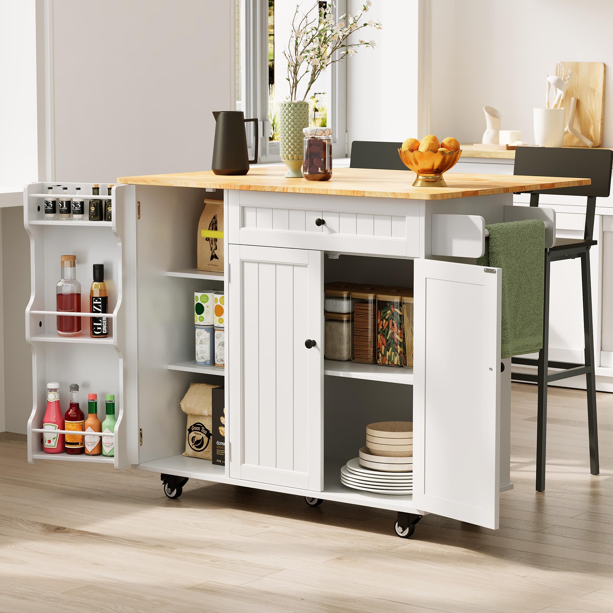 Xbro ilôt de Cuisine avec roulettes, Desserte de Cuisine avec Table Extensible, Porte-torchons, 2 Tiroirs, 3 Portes avec Rangement, 130 × 75 × 88 cm, Blanc