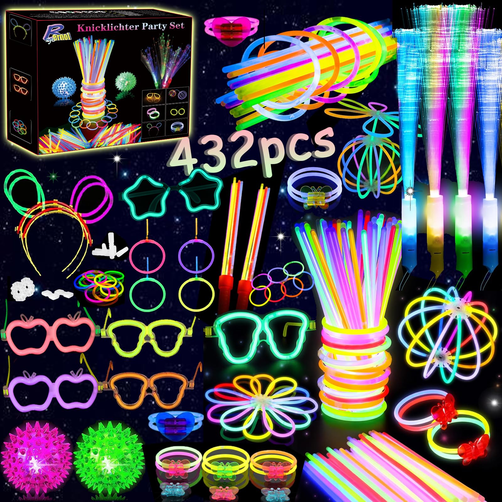zycBernoi 432 PCS Glow Sticks Party Packs, Glow in the Dark Party Supplies, Glow Sticks for Children with Connectors, Necklaces Glasses Bracelets Headband, Perfect for Easter, Christmas, Halloween