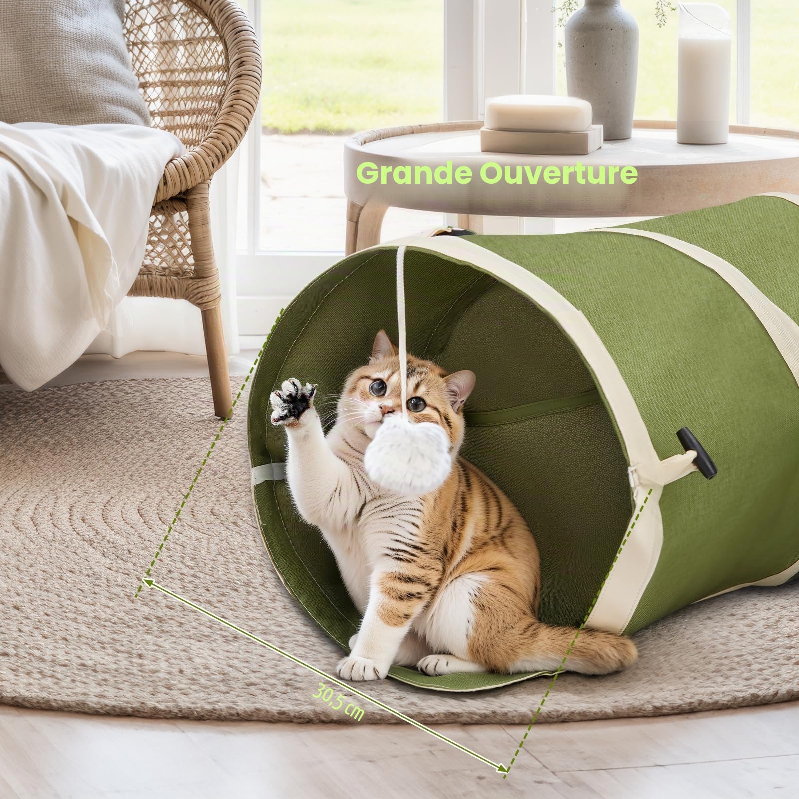 Ownpets Tunnel pour chat - Grand cactus - 4 voies - Avec tissu Oxford robuste - Pliable et indéchirable - Diamètre : 25 cm - Vert