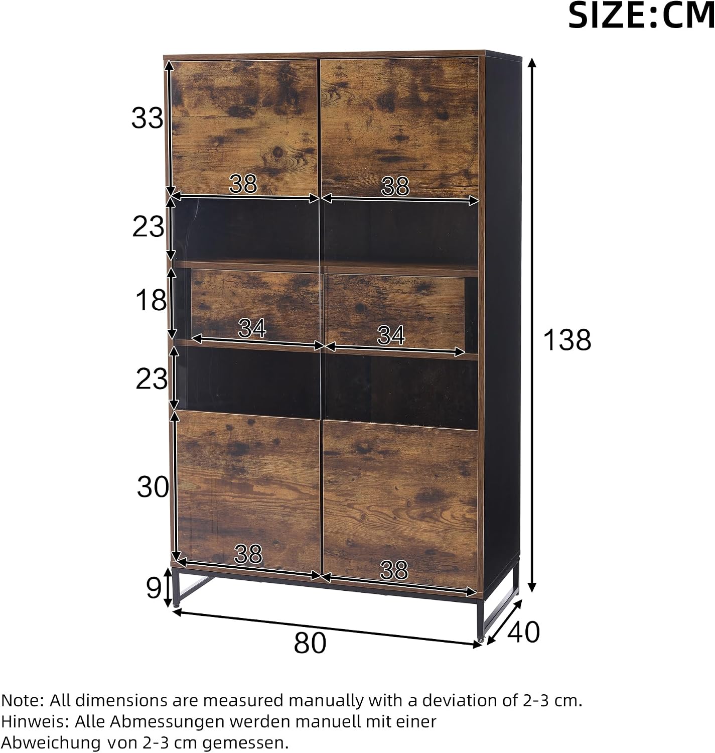 Diagram showing dimensions of the Merax display cabinet in centimeters