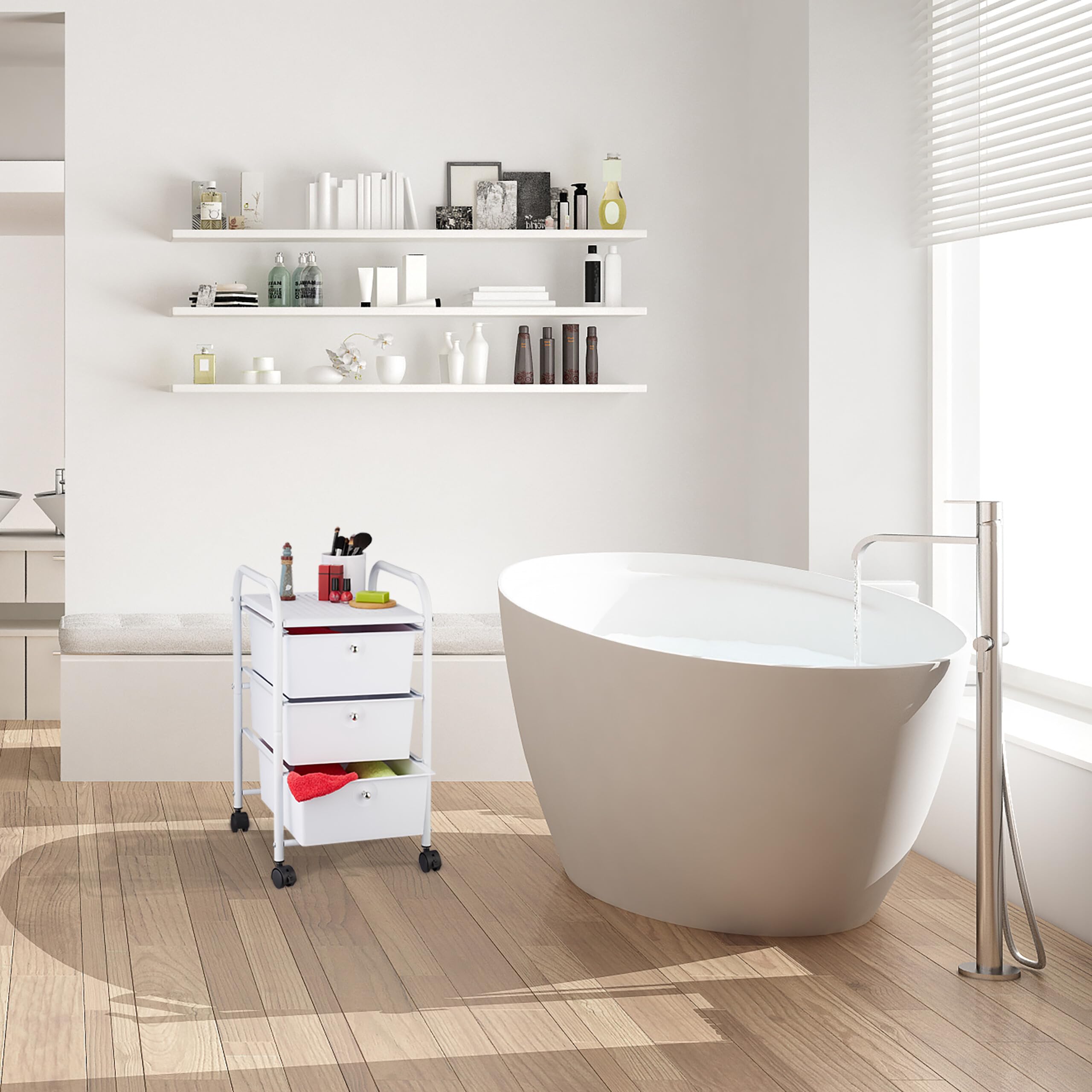 Relaxdays Chariot sur Roues de Bain, 3 tiroirs, métal et Plastique, conteneur, cosmétiques, 60 x 33 x 39 cm, Couleurs