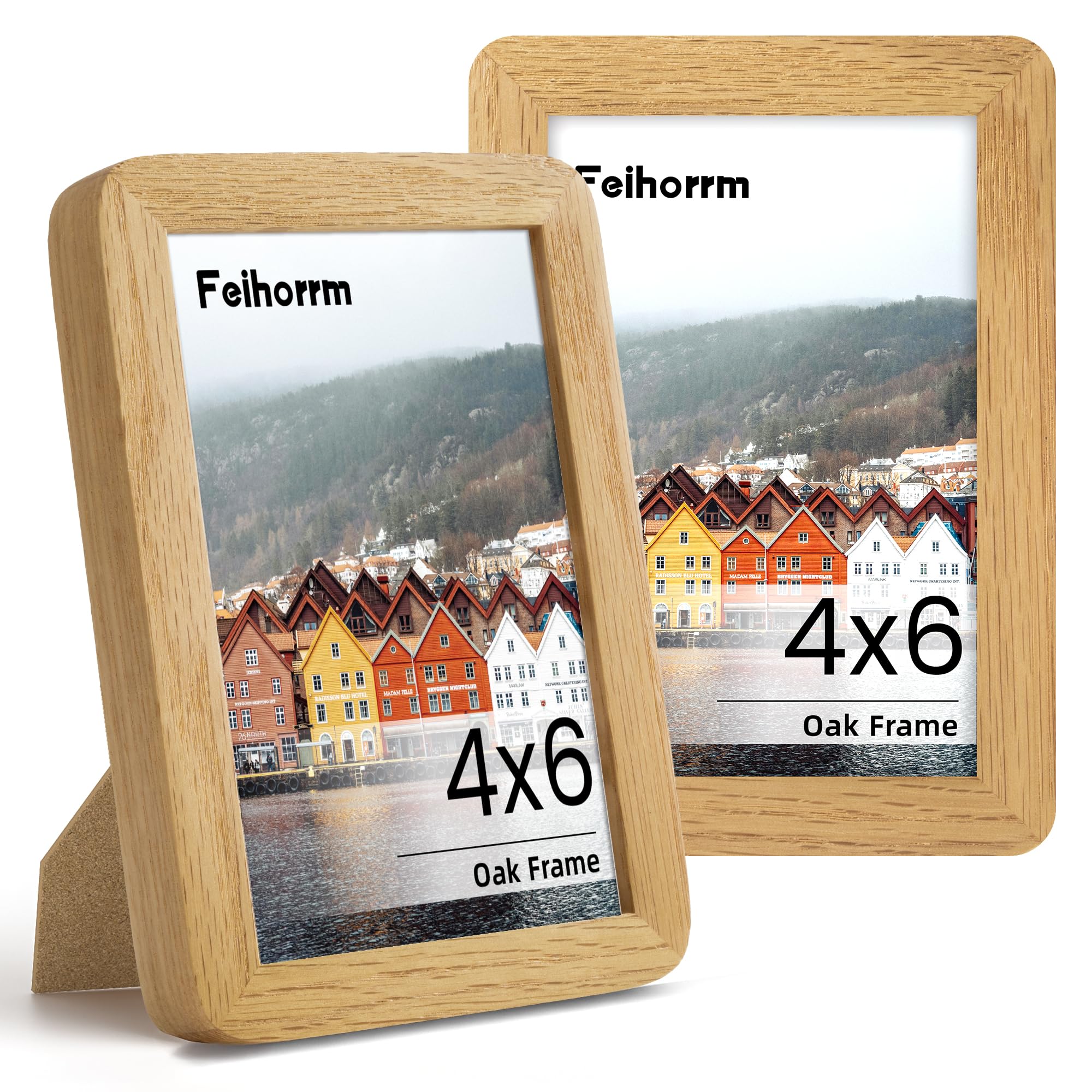 4x6 Picture Frame 2 PCS Natural Oak Solid Wood Photo Frame with HD Tempered Glass, Handcrafted Wooden Rounded Corner 4x6 Collage Photo Frame, Tabletop & Wall Mounting Display Frame for Home