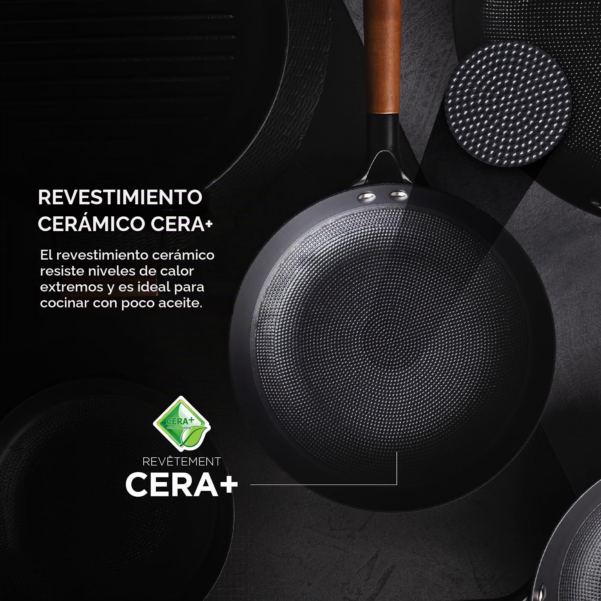 MasterPro Odín - Juego de Tres Sartenes de 20, 24 y 28 cm de Hierro Prensado con Antiadherente Cerámico Reforzado con Patrón de Panel de Abeja, Mango Ergonomico, Apto para Inducción, Libre de Tóxicos