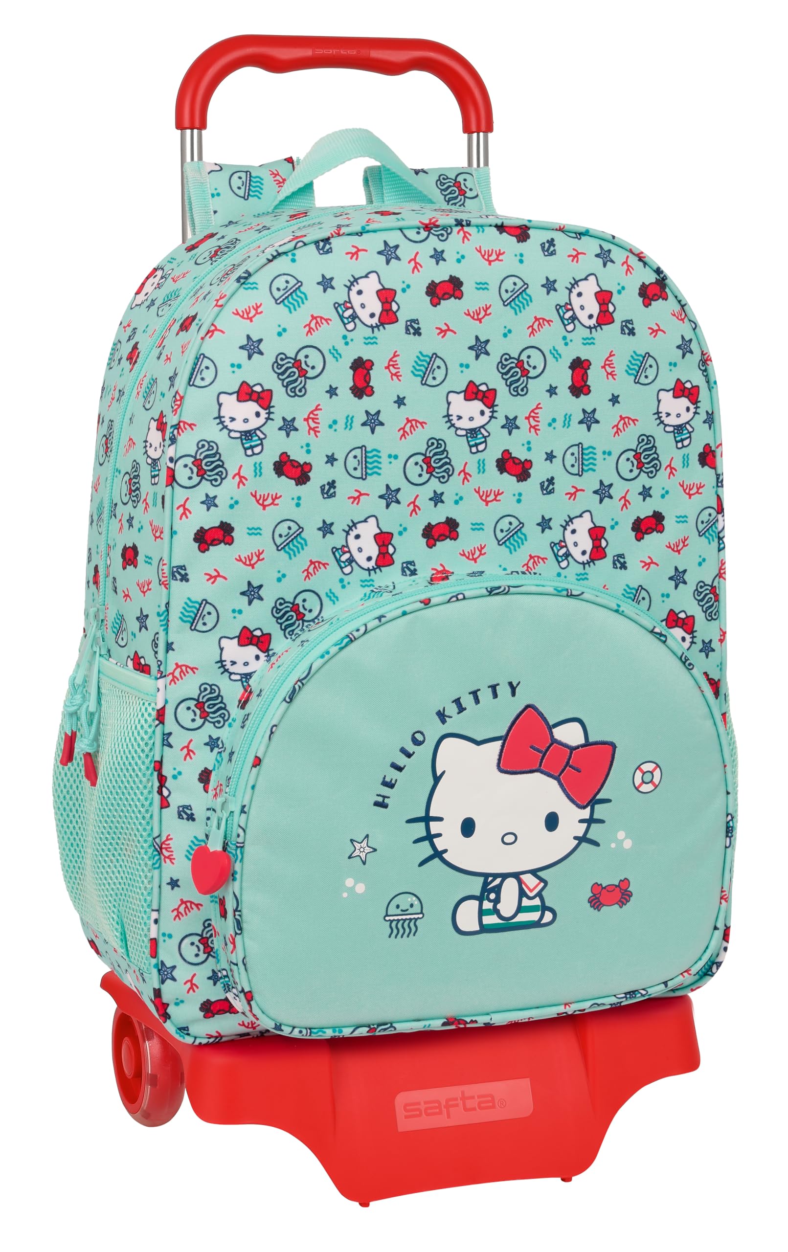 Safta HELLO KITTY SEA LOVERS - Mochila Escolar Grande con Carro, Mochila Niño, Mochila Infantil, Adaptable a Carro, Ideal para Niños en Edad Escolar, Cómoda y Versátil, 33x15x42 cm, Color Turquesa