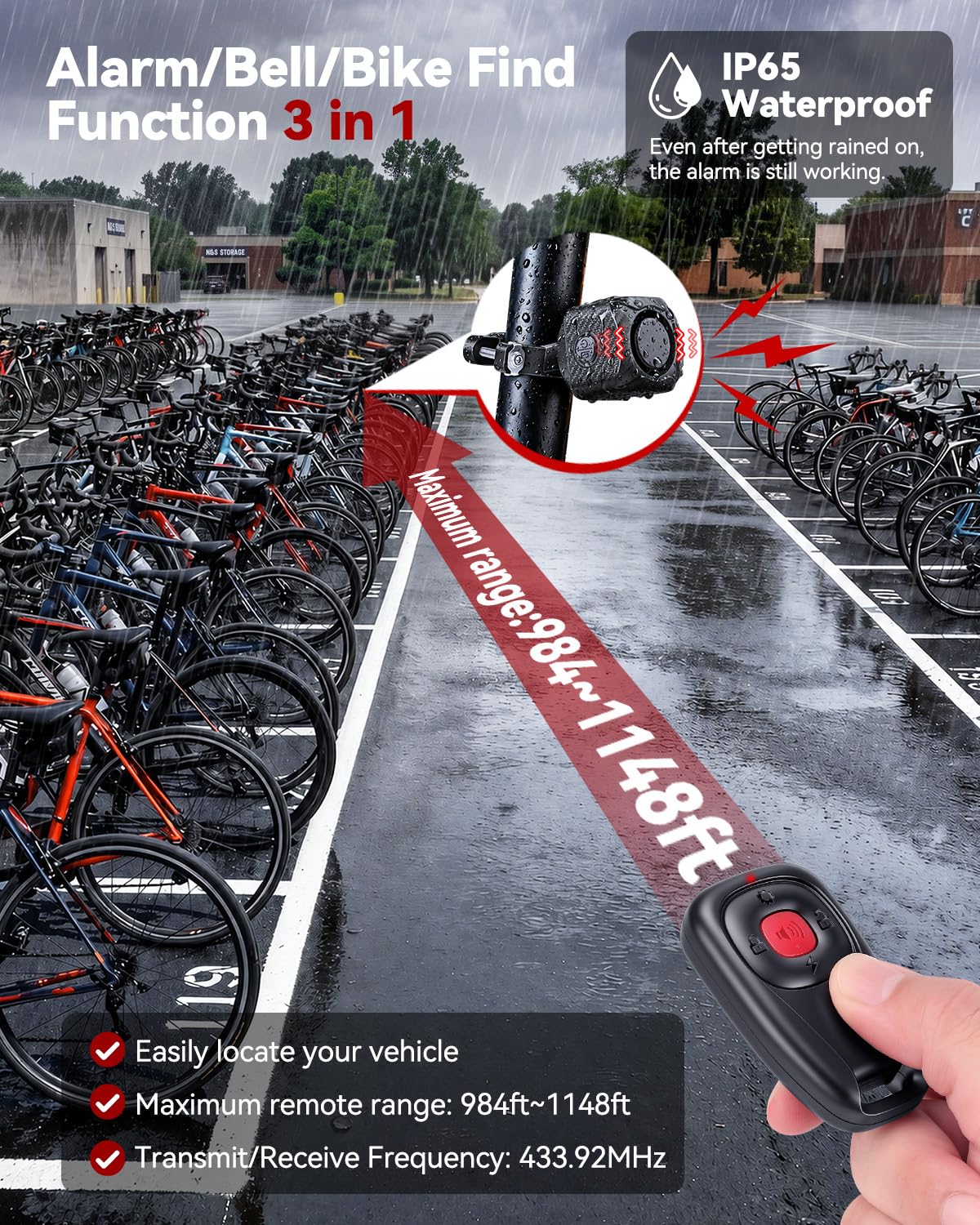 WSDCAM Dual Alert Fahrradalarm 120 dB, USB-C-Aufladung mit Fernbedienung | Zweiwege-Vibrationsalarm, 1148 Fuß Reichweite, IP65 wasserdicht, für E-Bikes, Motorräder, Roller