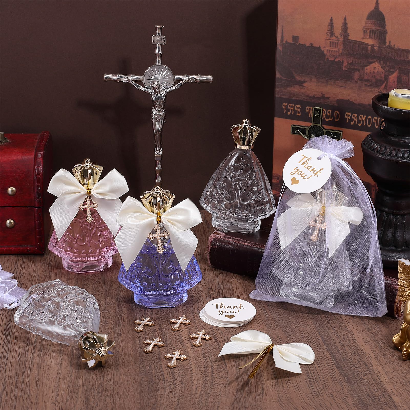16 botellas de cristal vacías de agua bendita con bolsa de