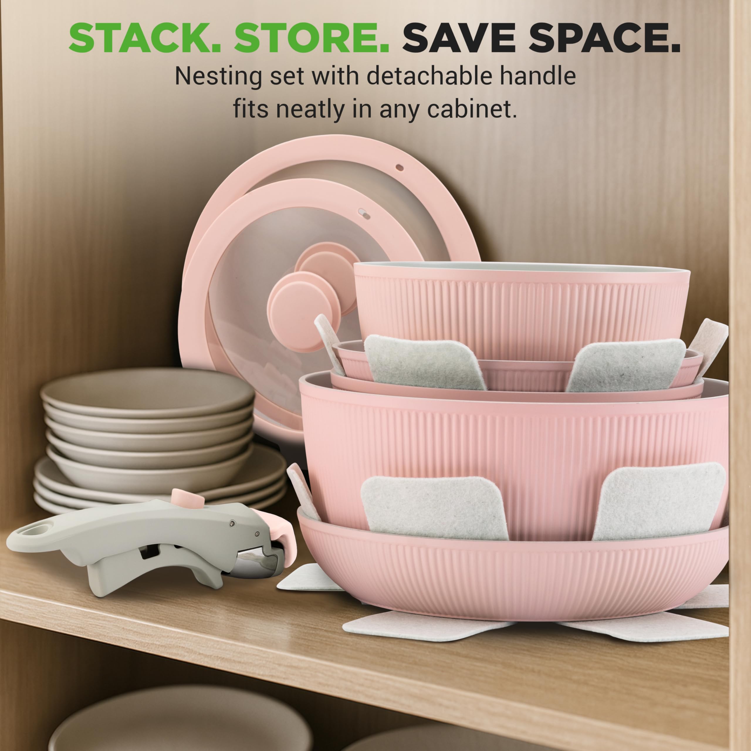 NutriChef Zestaw Naczyń Ceramicznych 18 Sztuk z Odczepianymi Rączkami, Patelnia i Garnki z Powłoką Nieprzywierającą, Powłoka Ceramiczna Bez PTFE, Oszczędność Miejsca, Do Pieca, Różowy