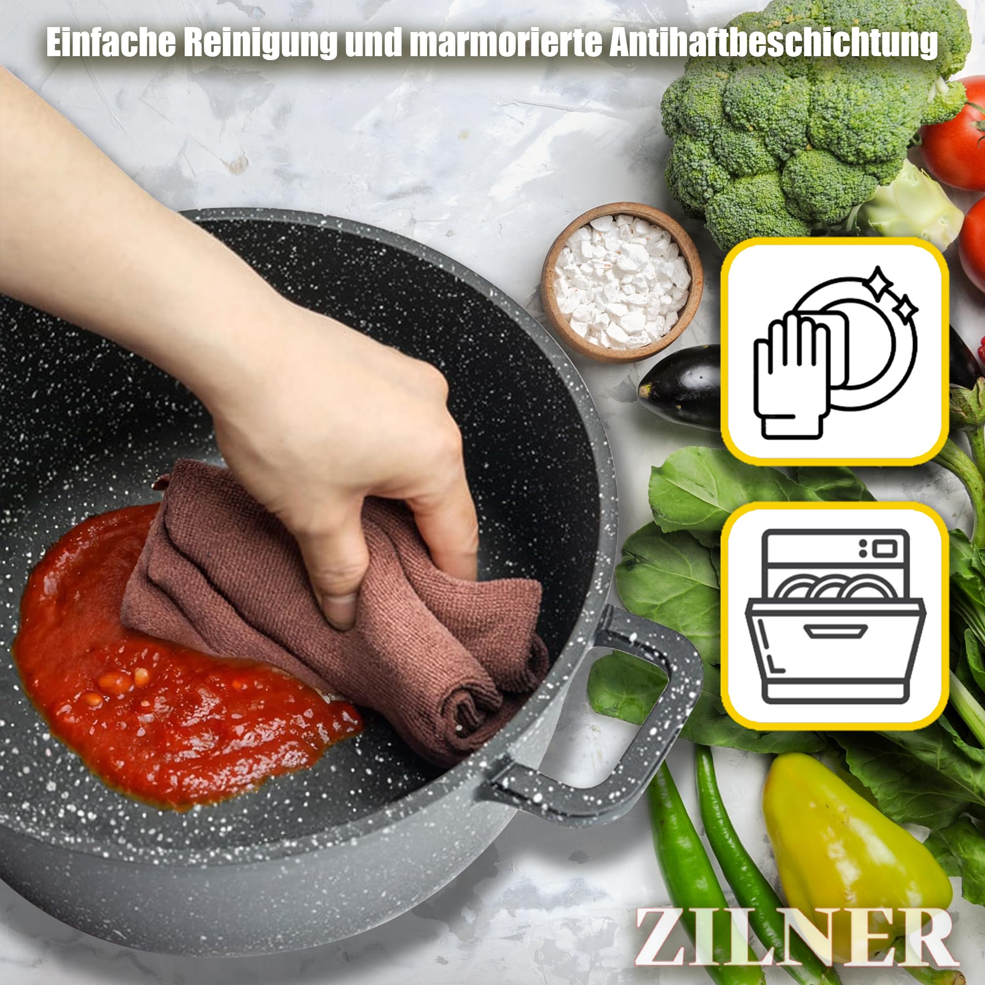 Zestaw garnków indukcyjnych – zestaw garnków ze szklaną pokrywką – garnki do wszystkich rodzajów kuchenek – powłoka zapobiegająca przywieraniu – ZILNER® (3, czarny)
