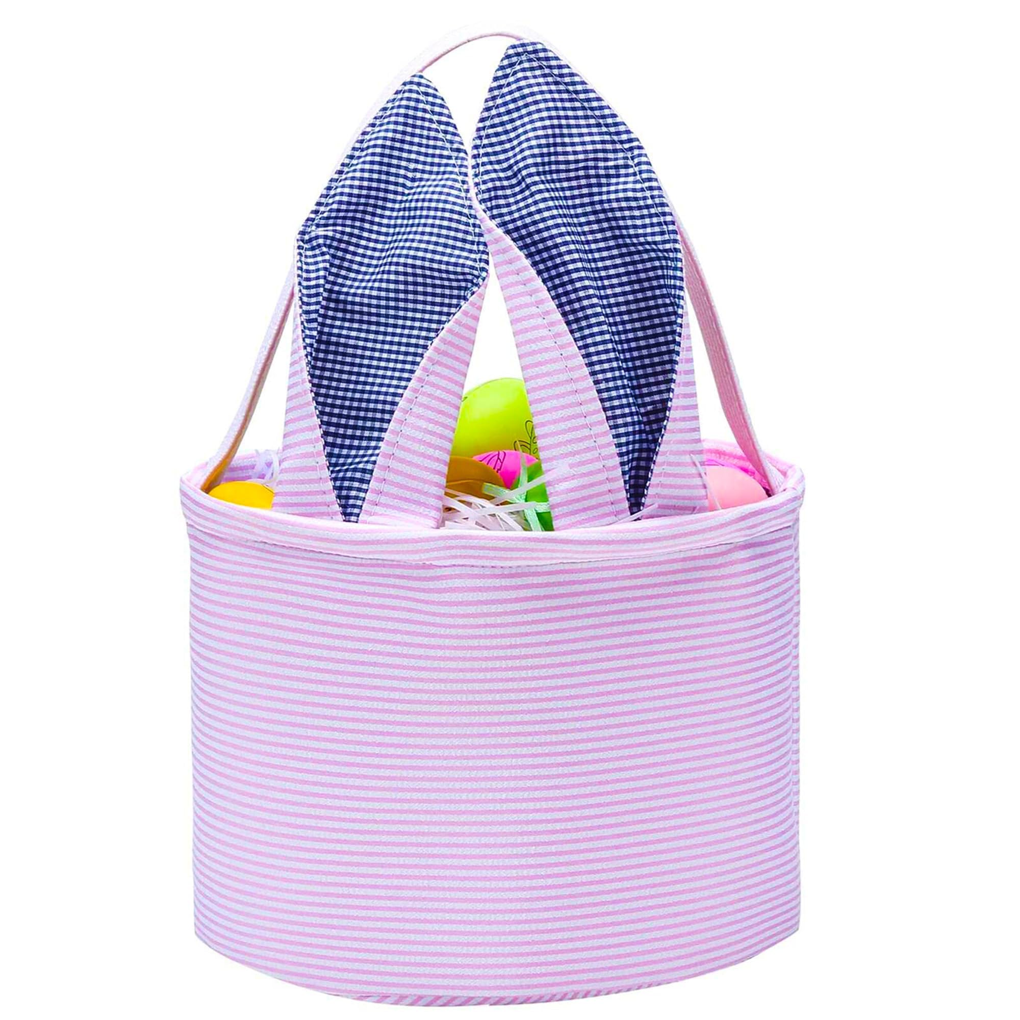 Easter Basket Seersucker Egg Hunt Bunny Baskets for Kids with Cute Rabbit Ears Stripe Storage Gifts Candies Personalized Easter Party Gifts…