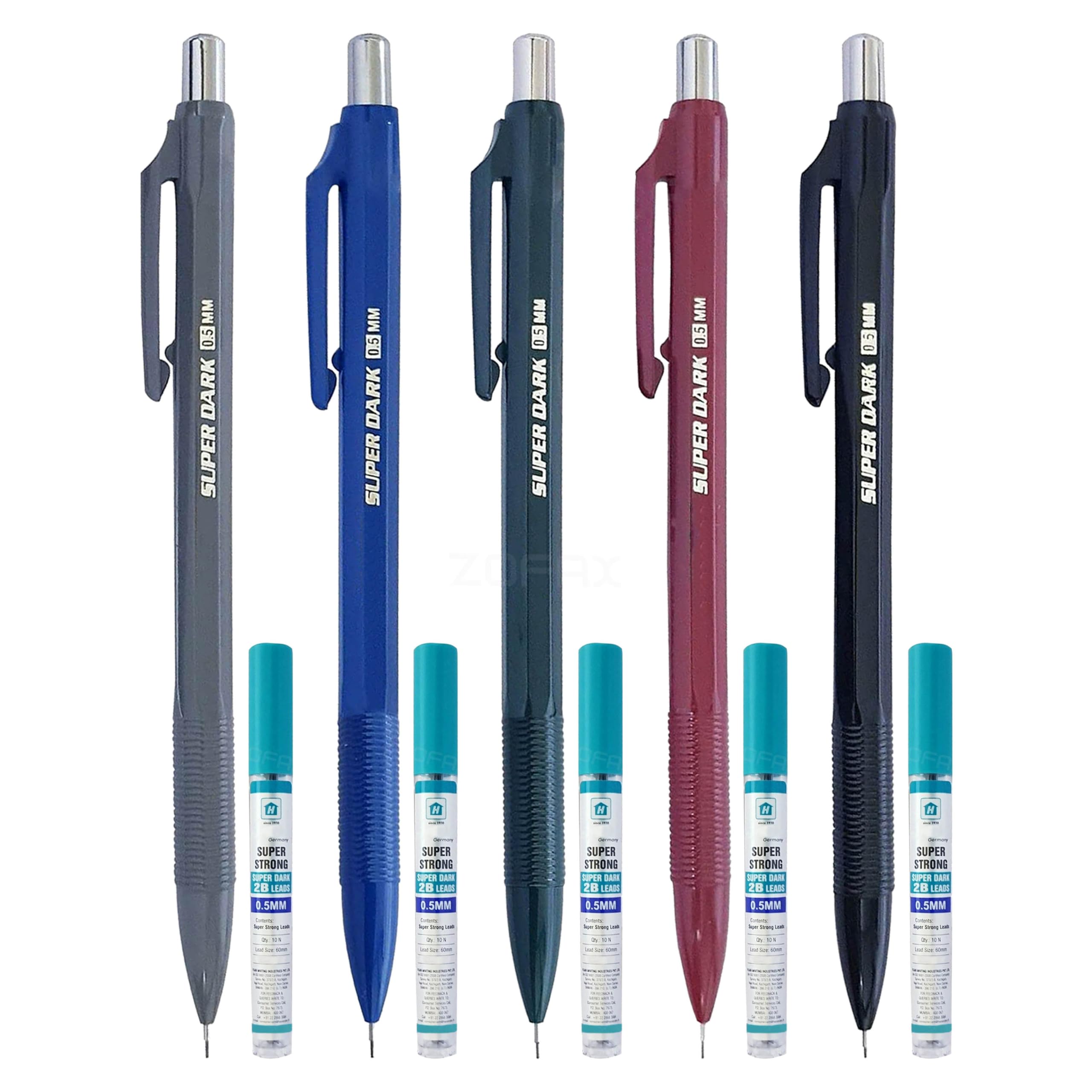ZOFAX S-Dark 2B Mechanical Pencils, 0.5mm Lead Size, Pack of 5, Rubber Tipped, 2B Grade 50 Lead Refills, Write Draw Sketch, Ideal For School Office Home Use, iZOFAX Black Ball Pen