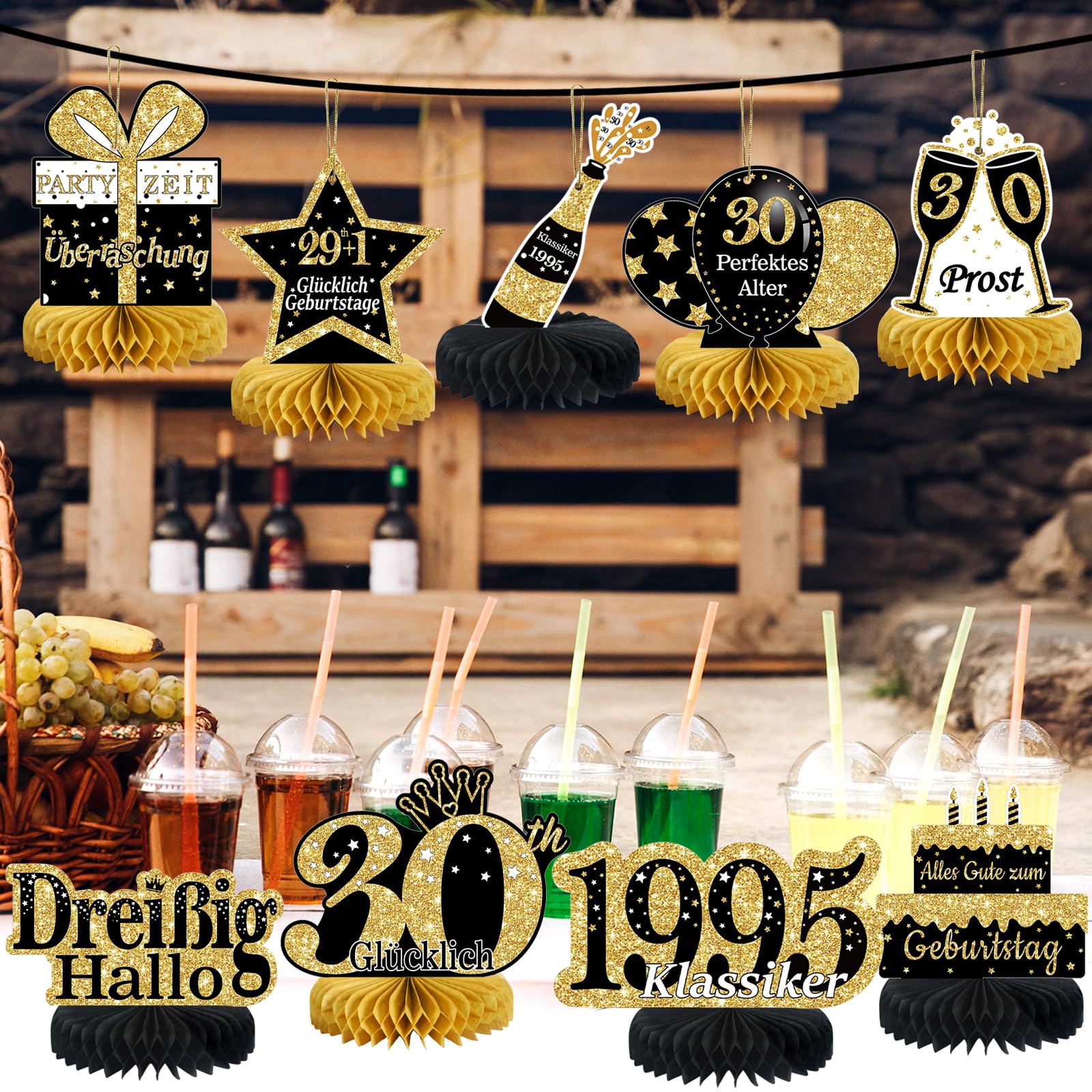 60e verjaardagsdecoratie zwart goud, 8 stuks honingraat