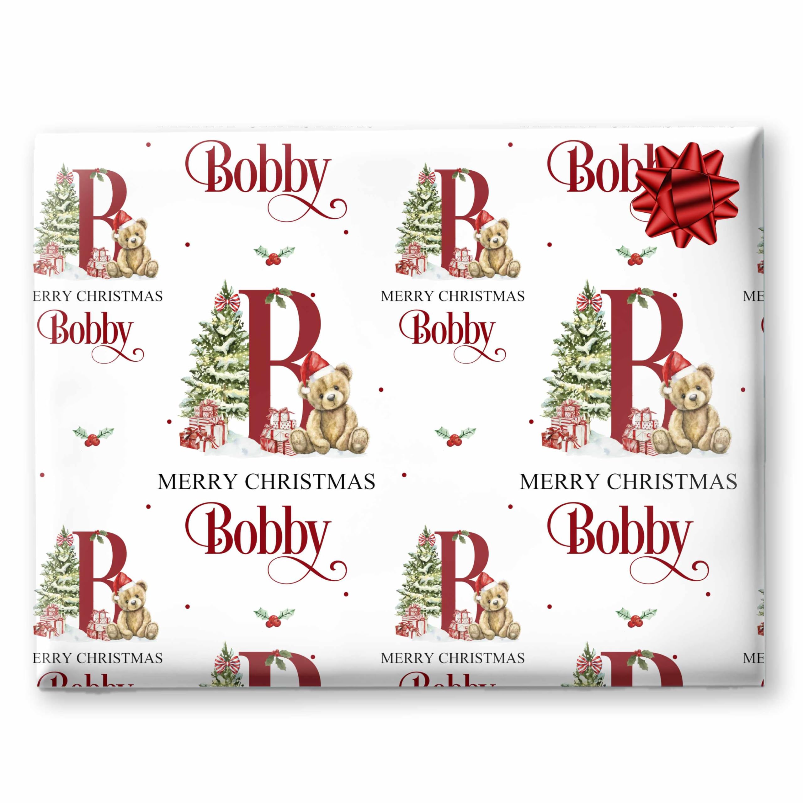 Personalised Children's Christmas Wrapping Paper, Custom Teddy Bear Initial Design, Unique Holiday Wrap for Kids