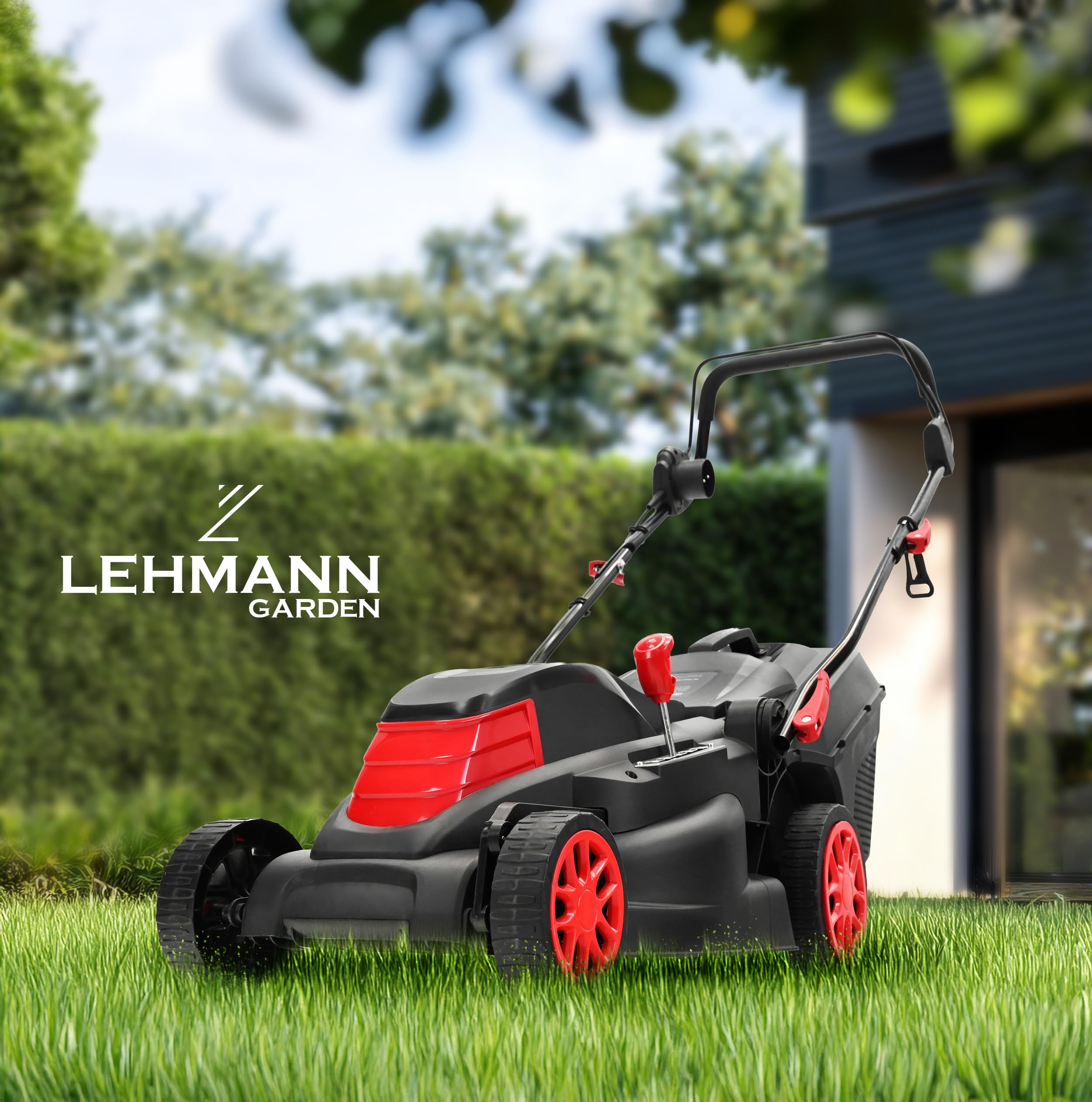 Lehmann Tondeuse à Gazon Électrique pour pelouses Jusqu’à 1000 m², 1600 W, Largeur de Coupe 38 cm, Bac de Ramassage 40 L, Réglage Hauteur de Coupe 5 Positions 25 à 75 mm, 3450 TR/Min
