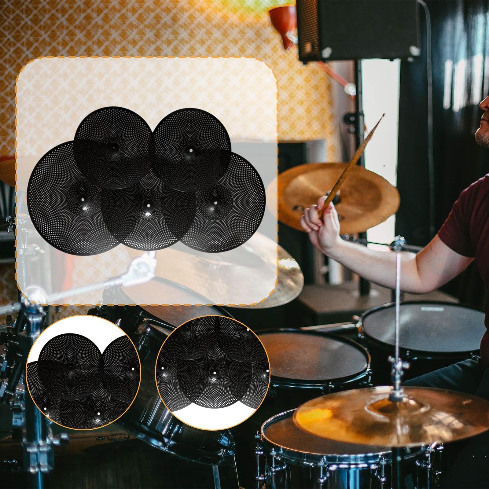 Generic Juego de 5 platillos de bajo volumen diseñados para una práctica silenciosa con tamaños esenciales para bateristas, color negro