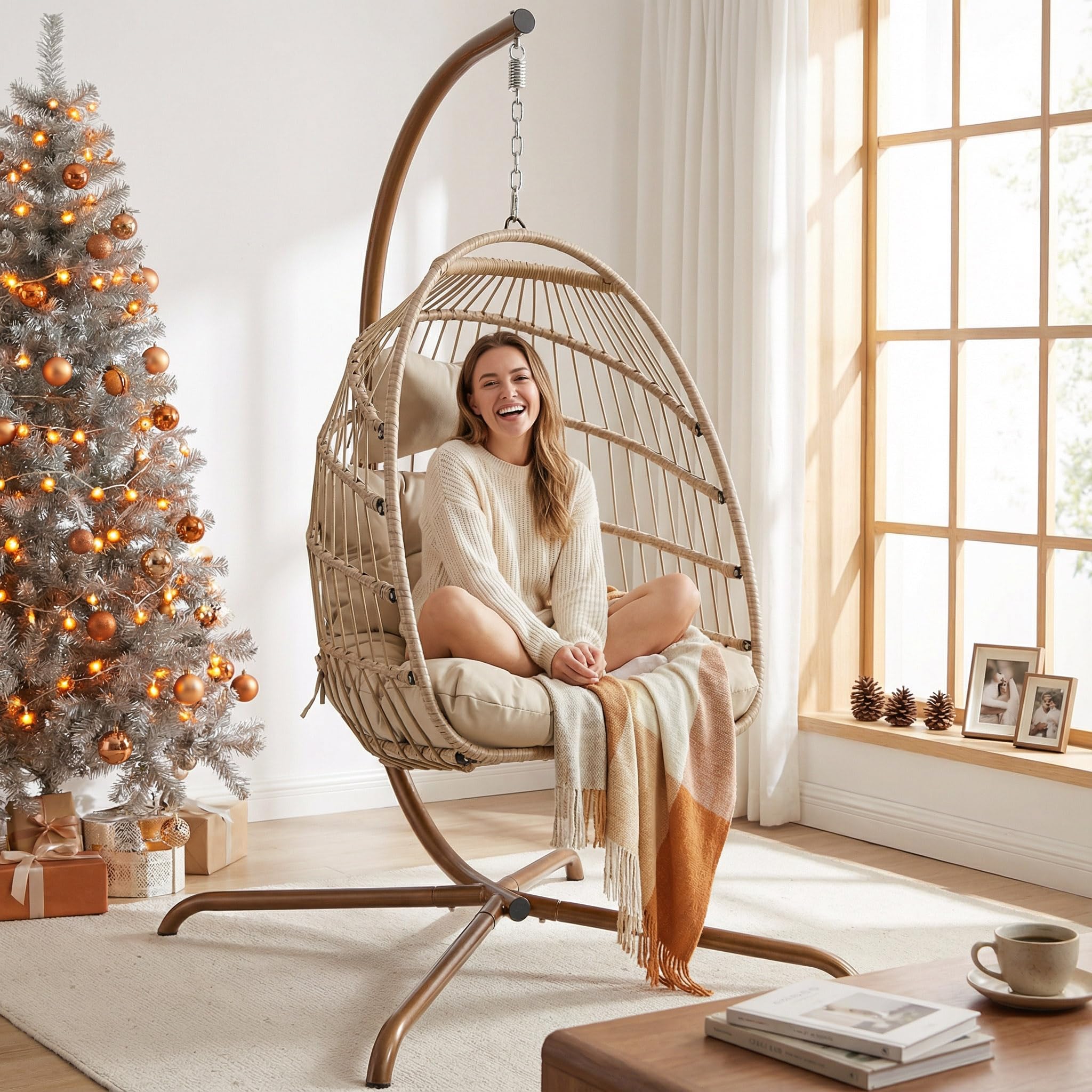 NICESOUL Hanging Egg Chair with Stand Indoor Outdoor, Comfy Patio Rattan Swing Hammock Chairs with Cushion, 350lbs Capacity Egg Shaped Chair for Lawn Backyard Balcony Bedroom, Birthday Gift, Beige