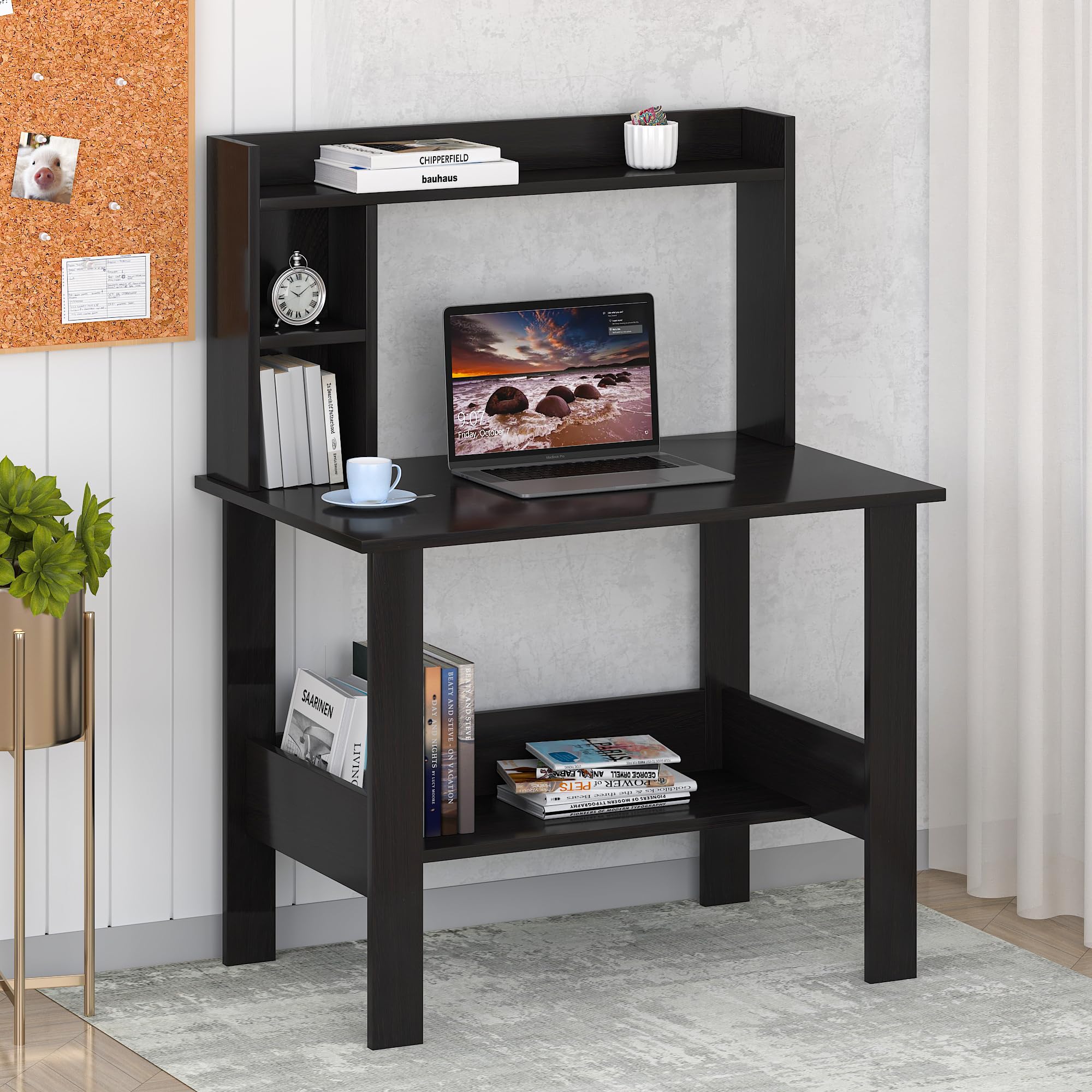 Callas ST-40 Wooden Study Table with Hutch & Bottom Storage – Multi-Purpose Office Desk for Laptop, Computer, Writing & Study – Durable Engineered Wood Workstation for Home & Office (Black, ST-40)