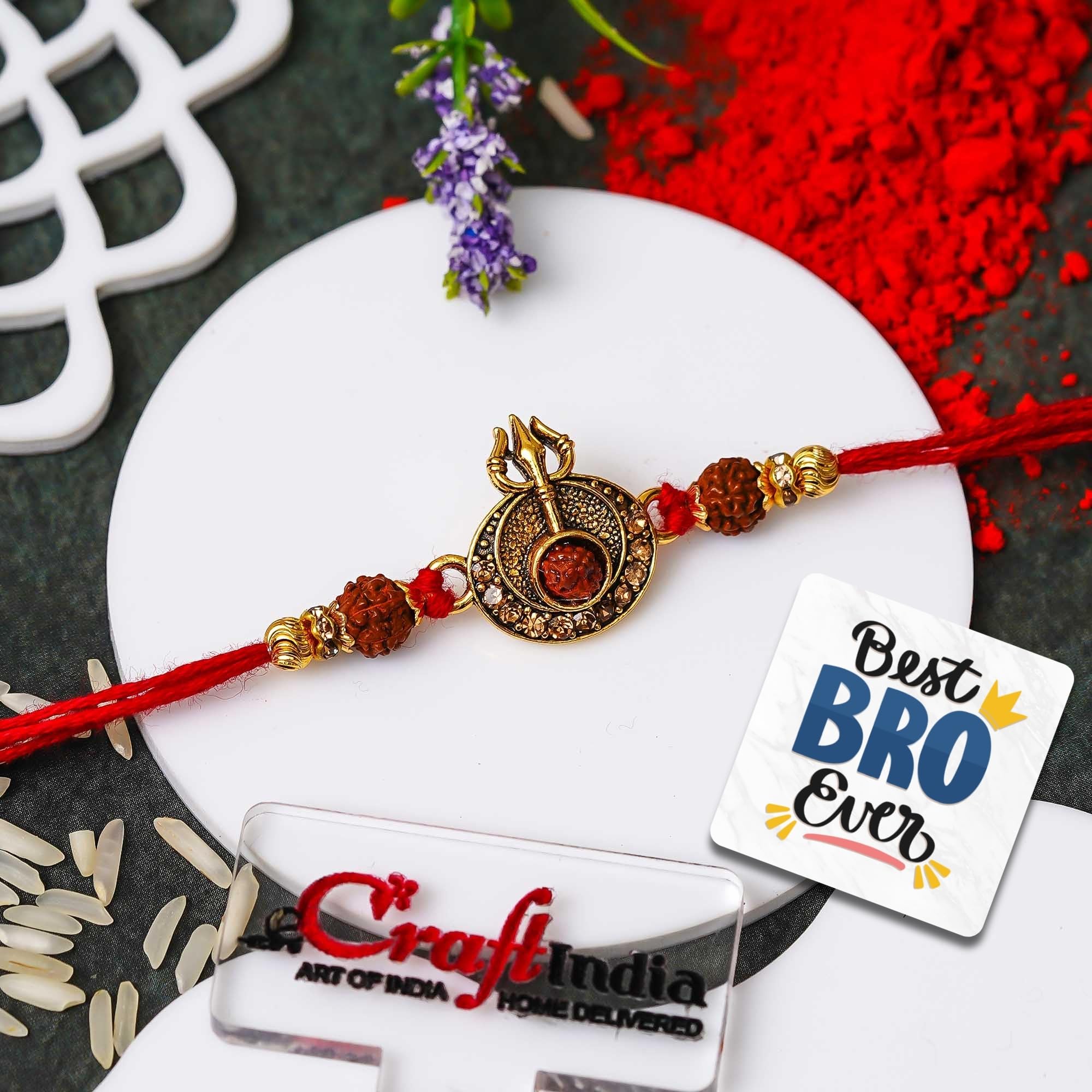 eCraftIndia Trishul Rudraksha Rakhi for Brother | Raksha Bandhan Rakhi for Bhai Bhaiya | Best Bro Ever Fridge Magnet | Rakhi with Roli Chawal Pack-image-20