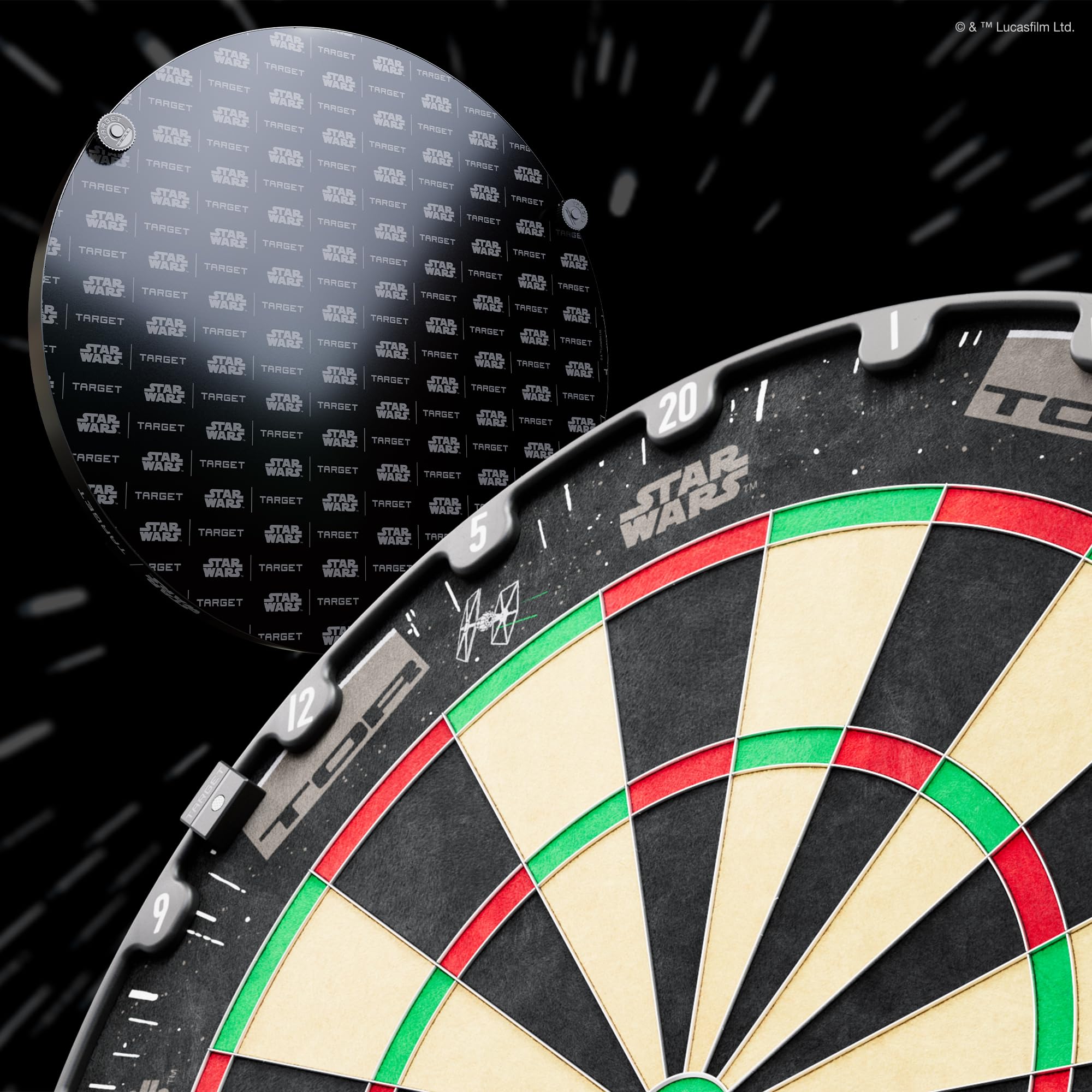 Target Darts Star Wars TOR Dartboard & Surround Bundle | Tarcza do rzutek ze stalowymi końcówkami, standard zawodowy, kompletny zestaw do rzutek do użytku domowego, wzór Disney Galaxy