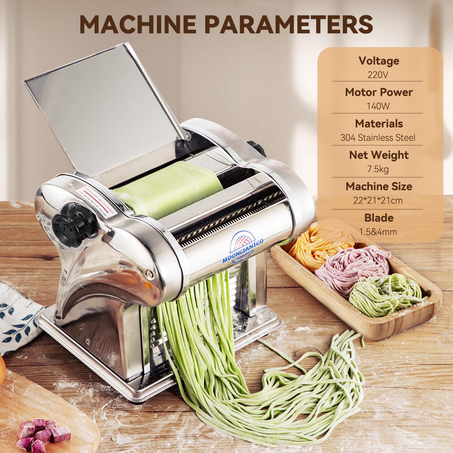 Moongiantgo Macchina per la Pasta Elettrica Pasta Macchina Fresca Acciaio Inox con Lame da 1,5 mm Fine e 4 mm Piatta, 9 Grado di Spessore Regolabile 0,3-3mm, Per Fettuccine, Tagliolini, Spaghetti