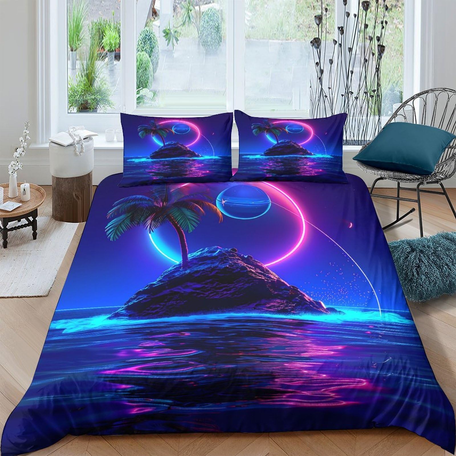 GPLZQXKJNH 3D Printed Neon Island Duvet Cover Set Microfiber Soft Breathable Futuristic Ocean Bedding with 2 Pillowcases for Bedroom Decor Single（135x200cm）