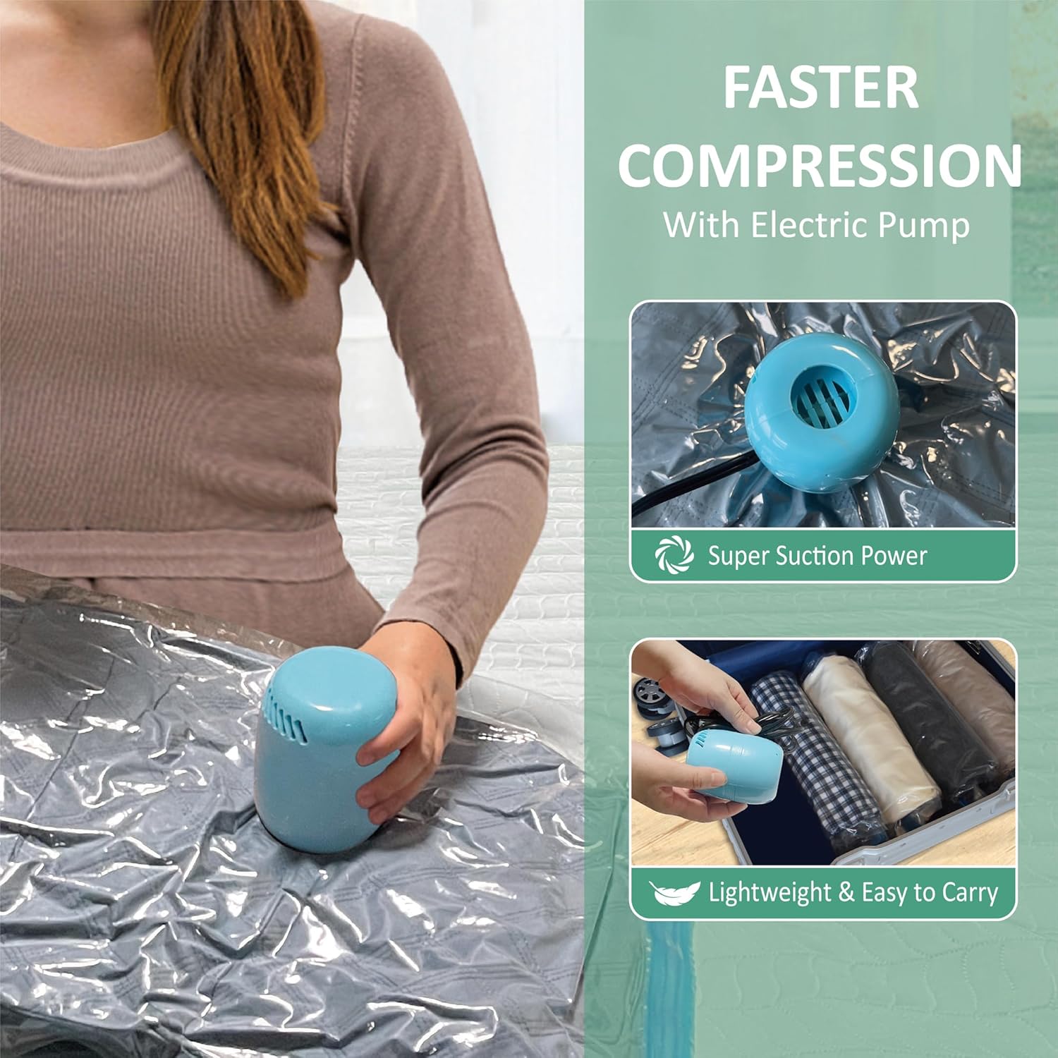 Vacuum Storage Bags with Electric Pump, 10 Large Space Saver Vacuum Seal Bags with Pump, Vacuum Sealer Compression for Clothes, Comforters, Blankets, Bedding - Image 3