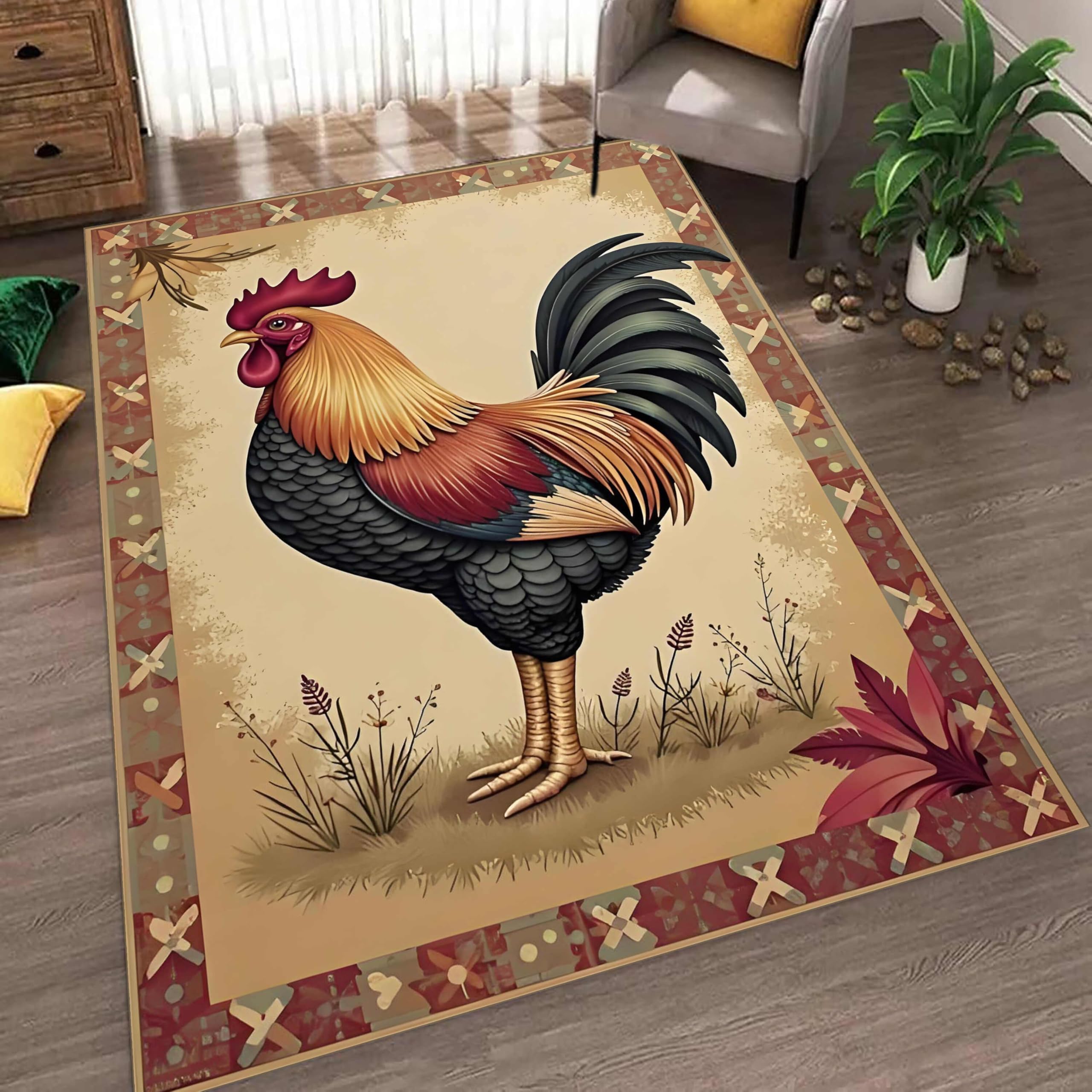 YHUERC Rooster Kitchen Area Rug, 60x110cm for Bedroom Non-Slip Rooster Print Carpet, Office Decor Vintage Rooster Farm Animal Floor Mat, Soft and Washable Rural Chicken Rugs Pad.