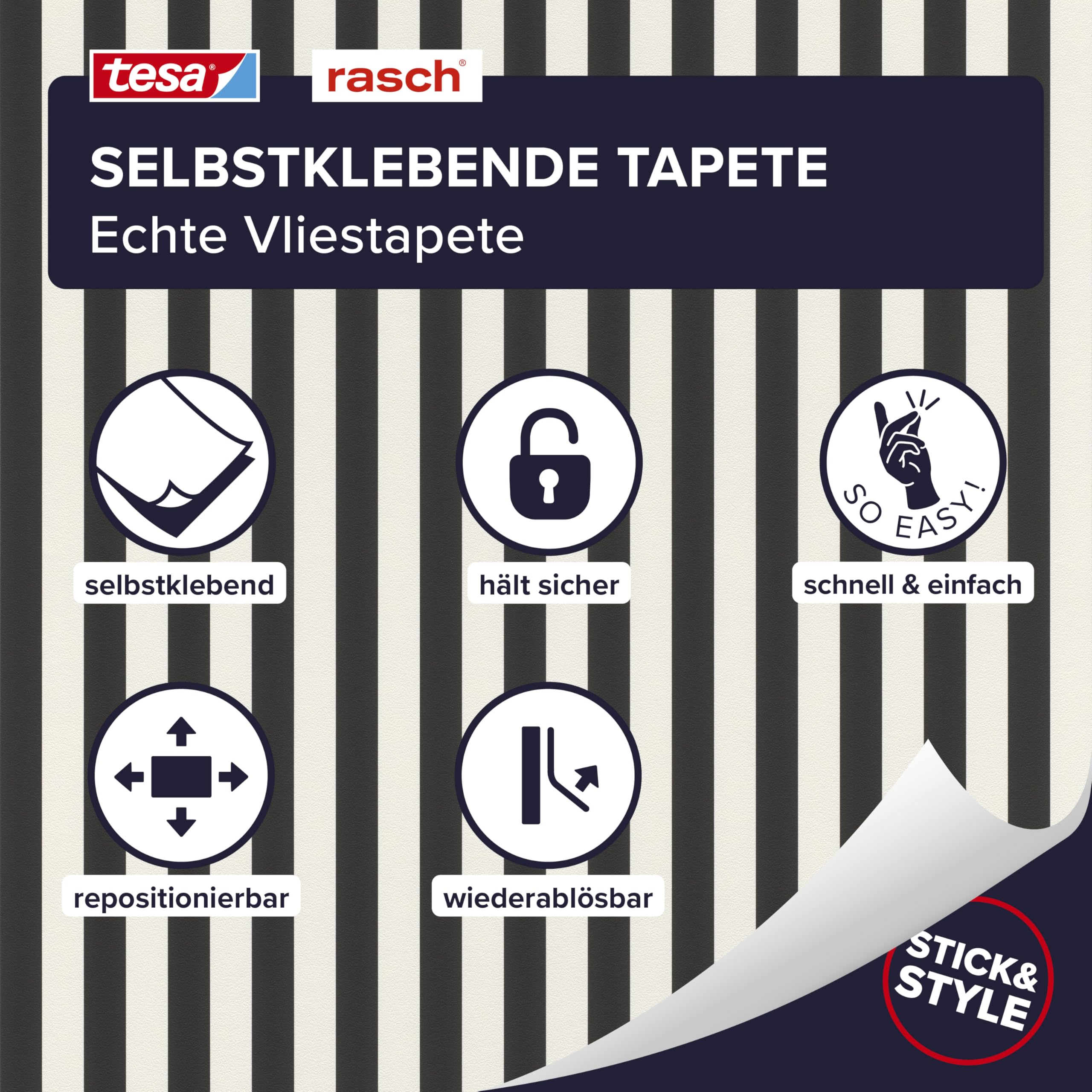 Rasch Tesa Lenny Papel pintado autoadhesivo a rayas, papel pintado no tejido, rayas en blanco y negro, texturizado, sin pegamento, reutilizable, sin dejar residuos, extraíble, 6,00 m x 0,53 m