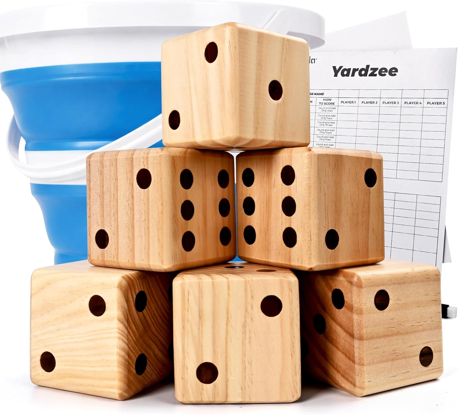 ropoda 3.5" Giant Wooden Yard Dice Set for Outdoor Fun, Barbeque, Party Events, Backyard Games, Lawn Games Includes 6 Dice, Collapsible Bucket, Score Cards & Dry Erase Marker