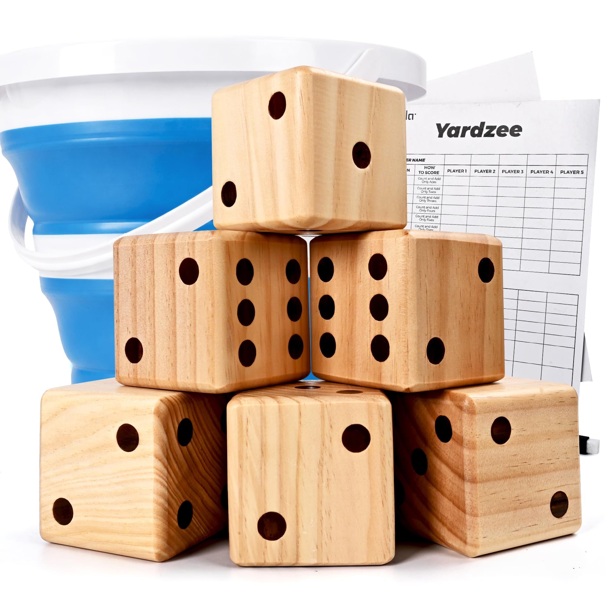 3.5" Giant Wooden Yard Dice Set for Outdoor Fun, Barbeque, Party Events, Backyard Games, Lawn Games Includes 6 Dice, Collapsible Bucket, Score Cards & Dry Erase Marker