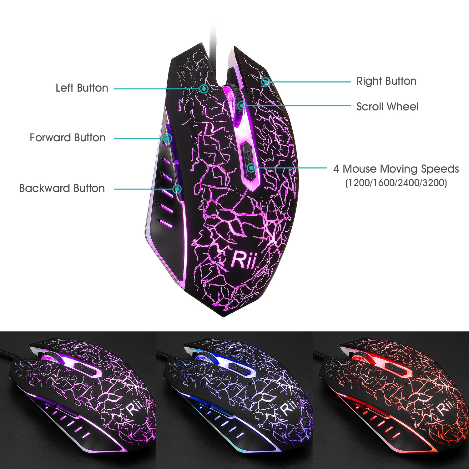 Rii Gaming Tastatur und Maus Set, 3 LED Hintergrundbeleuchtung, ideal für Gaming und Büro, Kompatibel mit PC (DE-Layout, Schwarz)