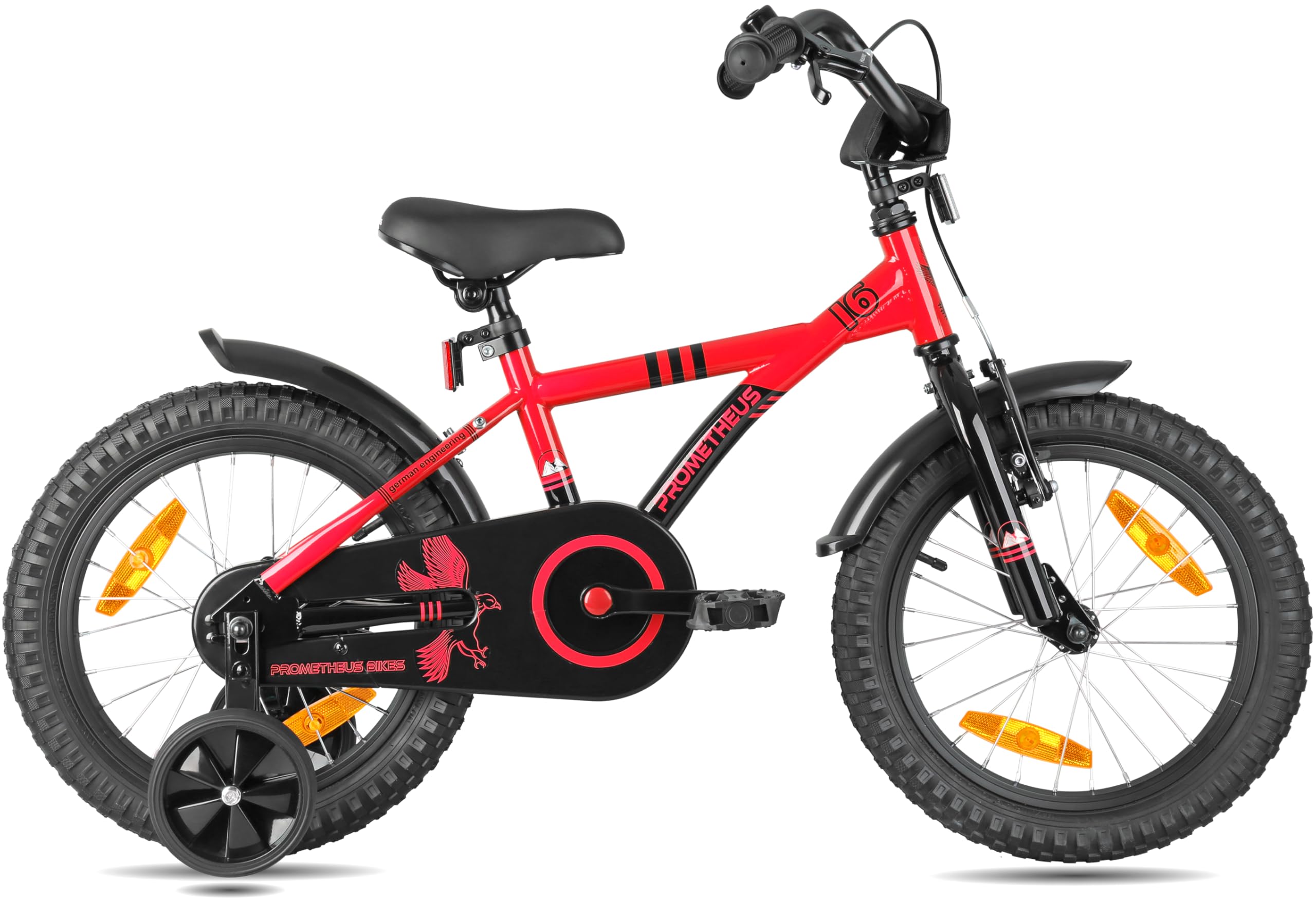 PROMETHEUS BICYCLES Bicicletta Bambini 5-7 Anni Bici per Bambina Bambino 16 Pollici Bimba con rotelle e Freno contropedale rosso nero