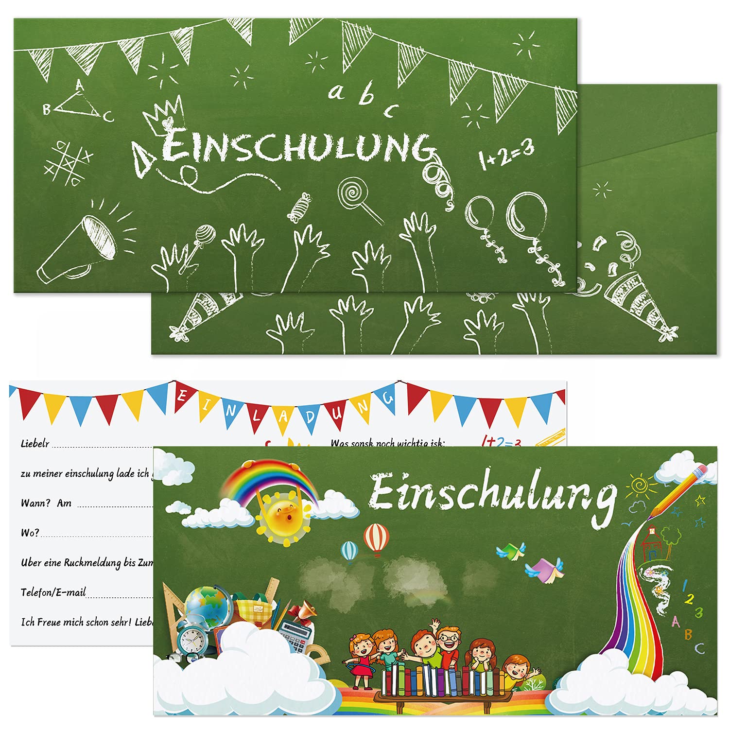 8 Einladungskarten Zur Einschulung – Mit Vorgedruckter Rückseite, Design 5, Inkl. Umschlägen DIN A6
