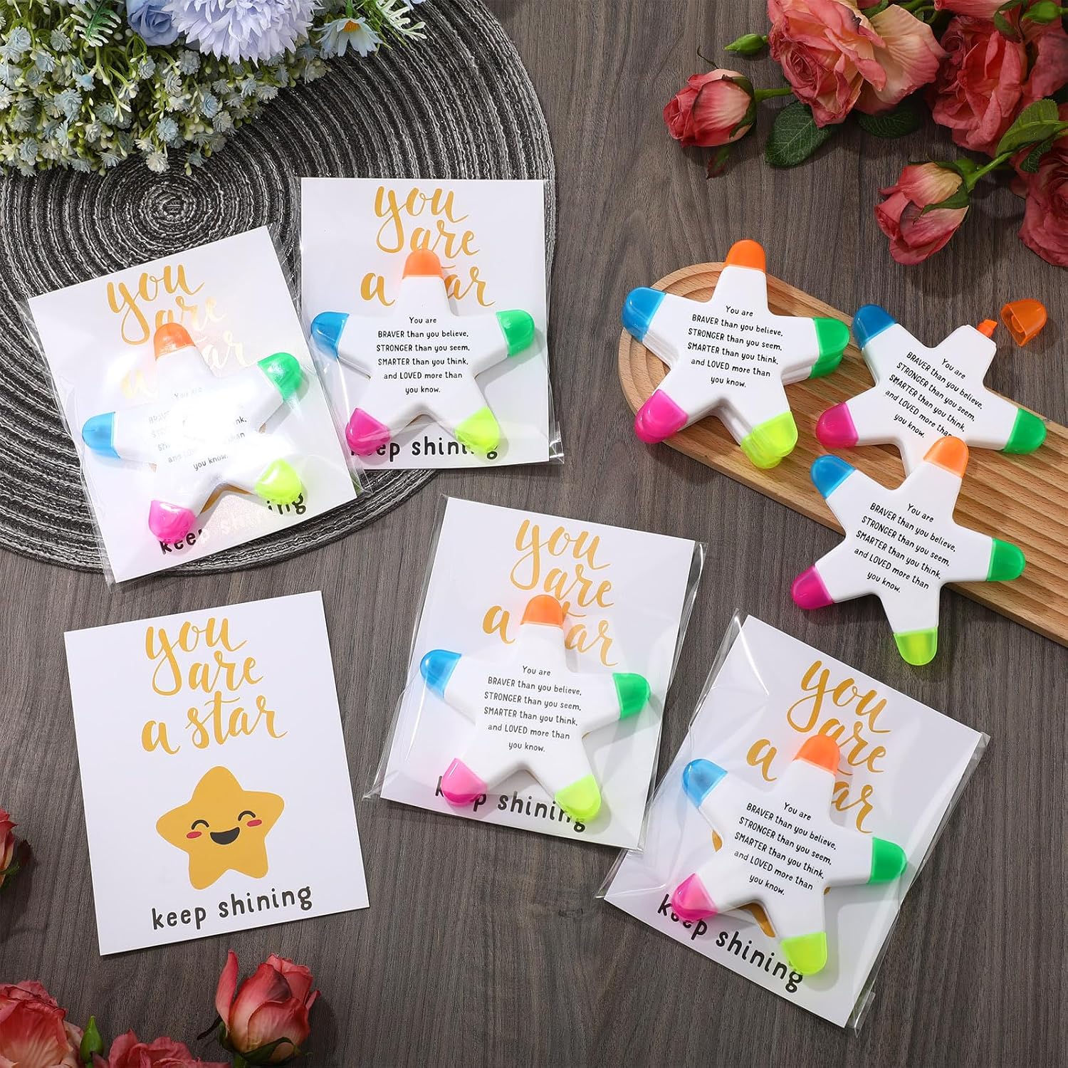 AmazingSpark 24 Sets Star Highlighters with You're a Star Cards Gift Bags 5 in 1 Fluorescent Pens Graduation Gifts (Stronger)