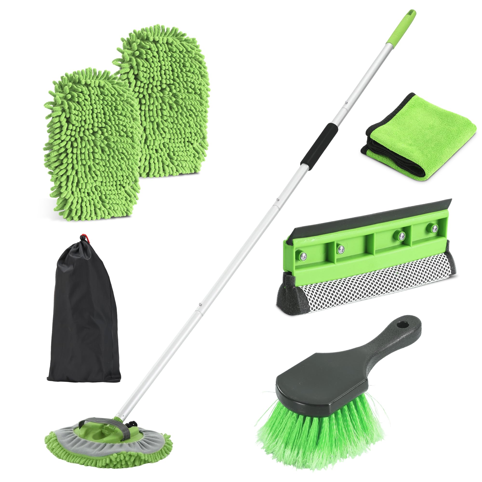 Car Wash Brush with Long Handle, 60'' Car Wash Mop, 7Pcs Chenille Microfiber Cars Washing Kit with Window Squeegee/Microfiber Towels /Wheel Brush for Cars RV Truck Boat Floor Window, Green