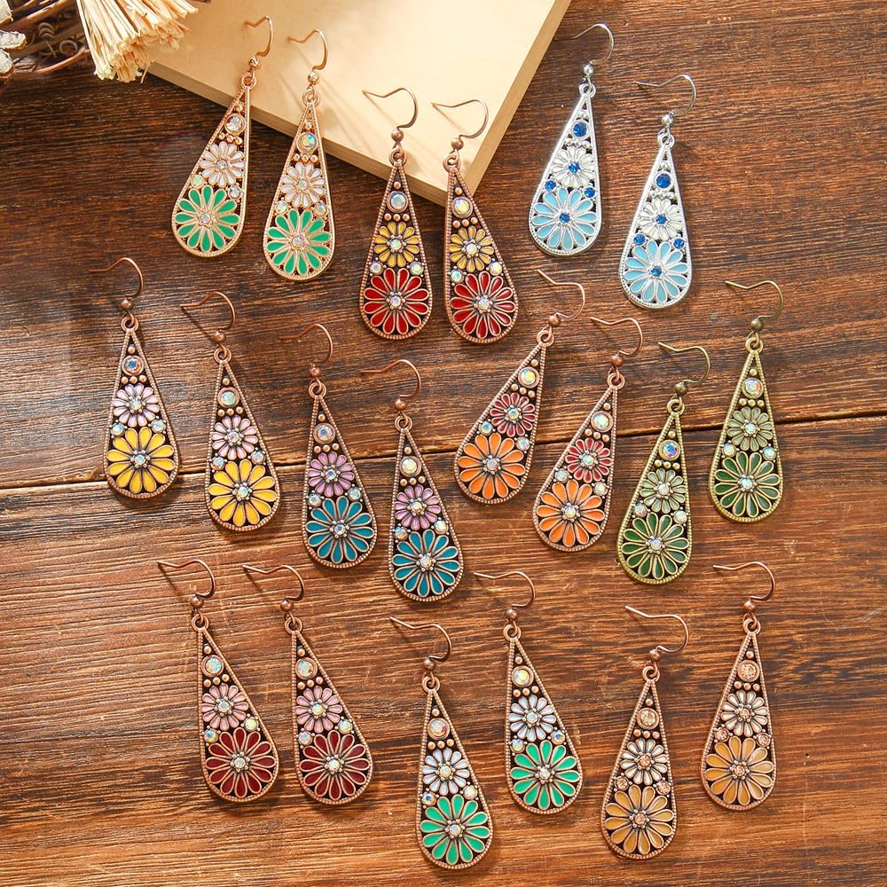 Bohemian Crystal Teardrop Dangle Earrings, Copper, Tribal Geometric Design, Handmade National Style for Women - Image 7