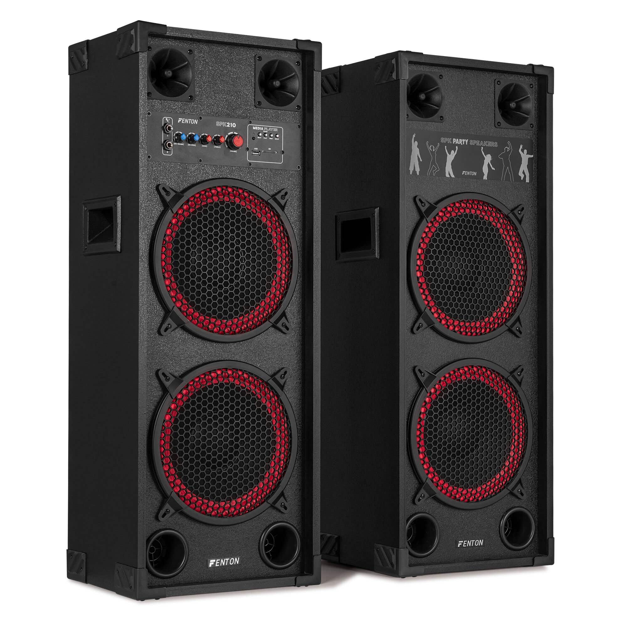 Fenton SPK210 – Altoparlanti attivi PA doppio woofer da 10 pollici Bluetooth MP3 USB SD due ingressi micro eco regolabile suono potente per feste karaoke altoparlanti portatili con amplificatore