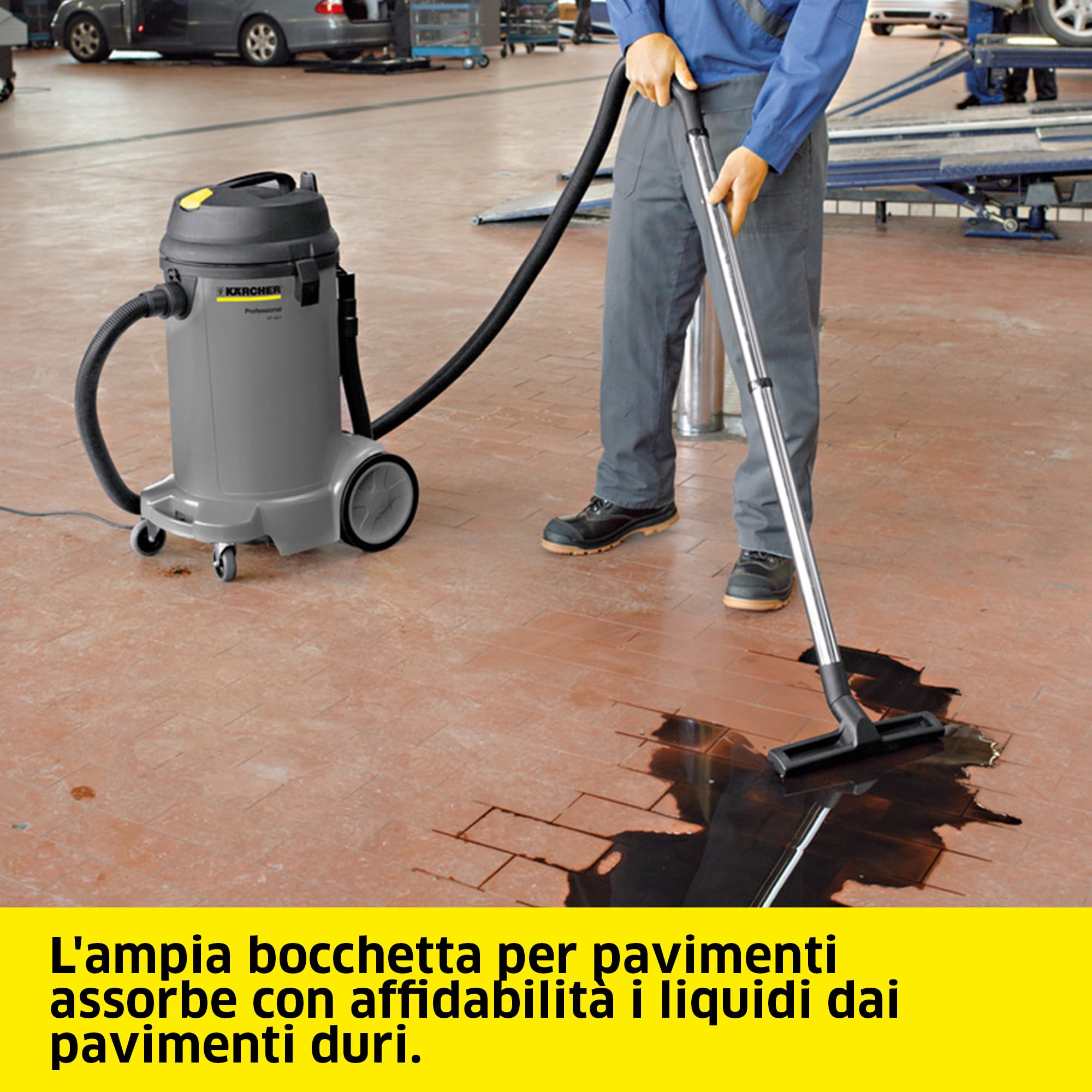KÄRCHER aspiratore solidi-liquidi NT 48/1, potenza: max 1380 W, contenitore: 48 l, tubo di aspirazione: 2,5 m, curva, ugello pavimento bagnato/asciutto (360 mm), bocchetta fessure, tubo di scarico