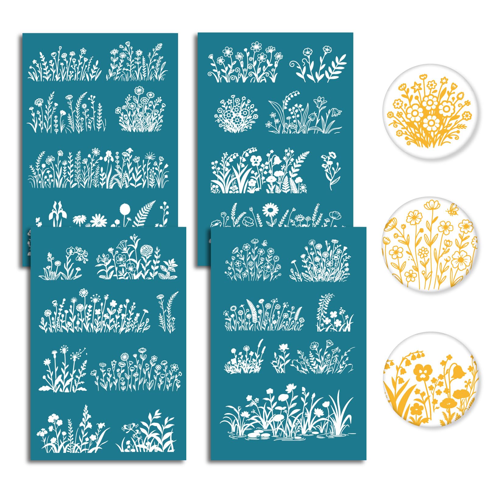 PRESSINART 4Pcs 4 Styles Floral Silk Screen Stencils Clay Large Silkscreen 3.9 x 6 Inch Wildflowers Pattern Reusable Nylon Printings Stencil for Polymer Clay Wood Fabric Jewelry Making DIY Crafts