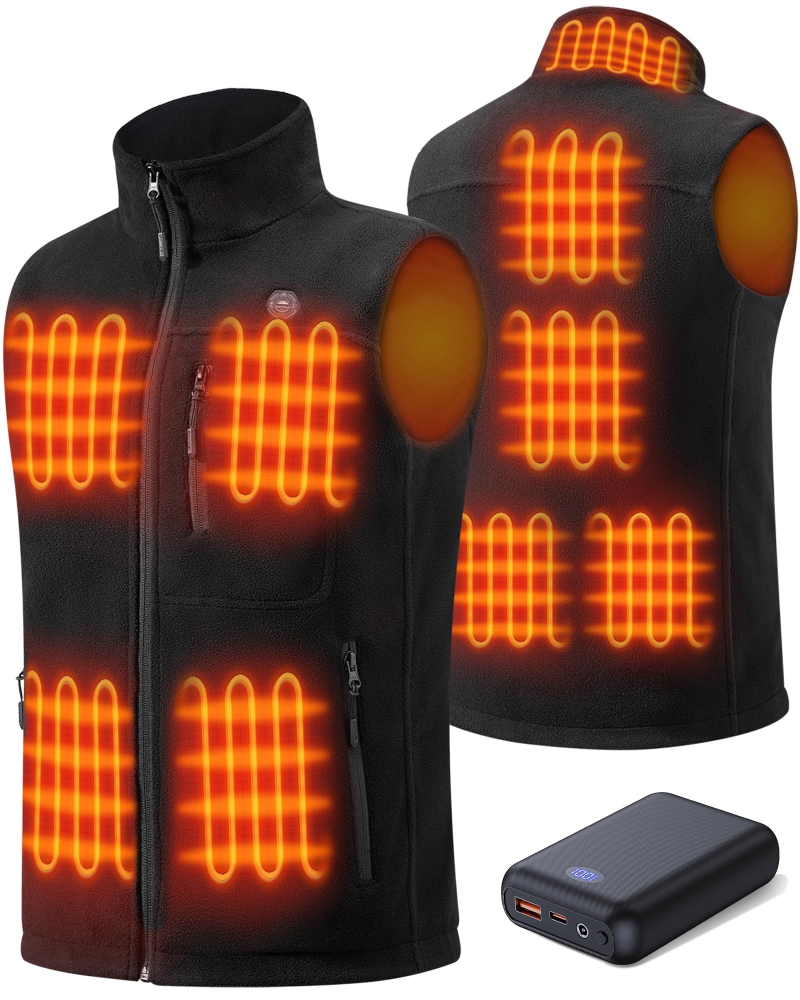 GOTOBI Fleece Heated Vest for Men with 16000mAh 7.4V Power Bank - 9 Heating Zones Heated Vest for Men, 3 Adjustable Temperatures Heated Vest, Body Warmer for Outdoor Activities Cycling, Black, black