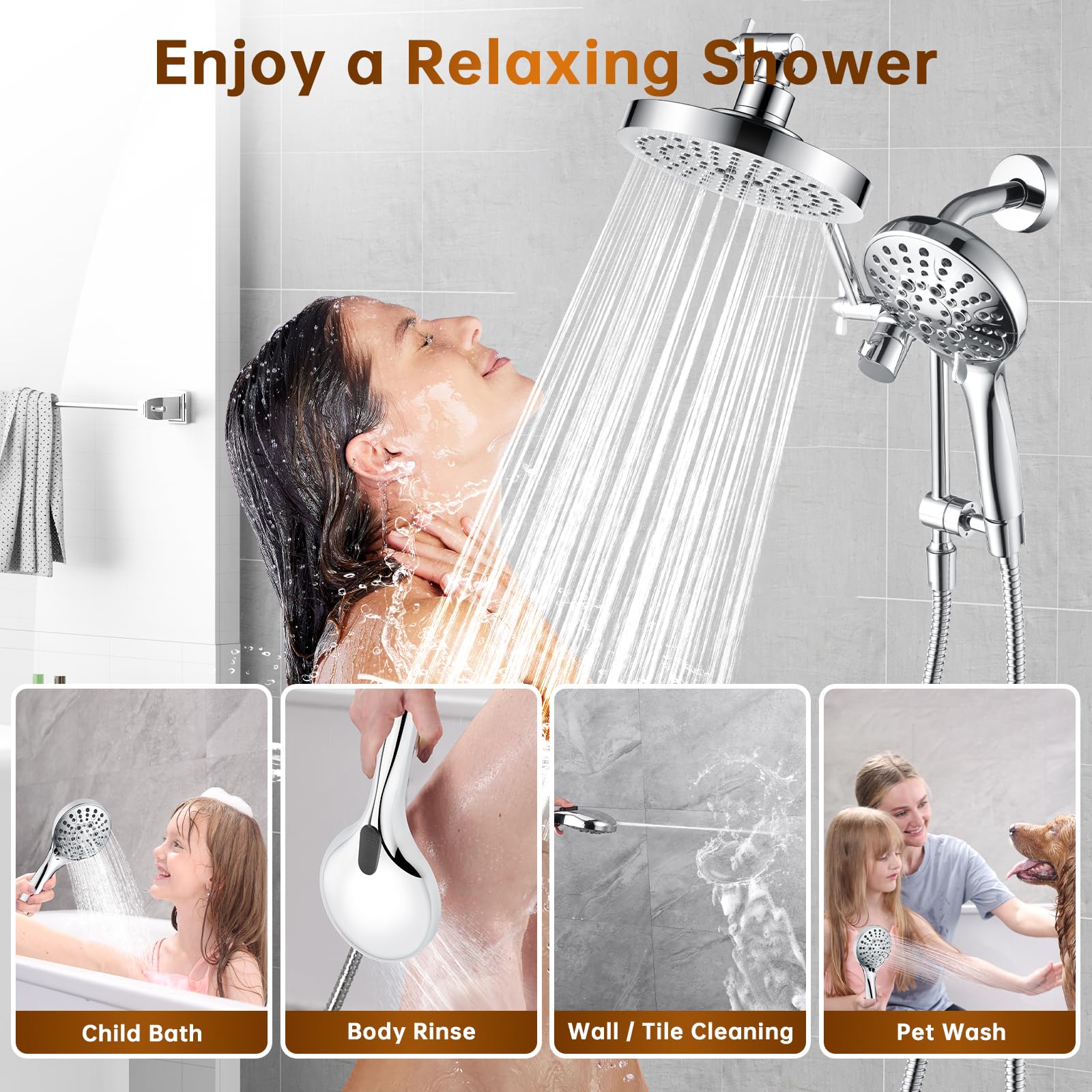 BRIGHT SHOWERS Soffione doccia a pioggia con doccetta integrata, doppio soffione ad alta pressione con braccio di estensione regolabile in altezza, deviatore a 3 vie, 9 impostazioni palmare, tubo