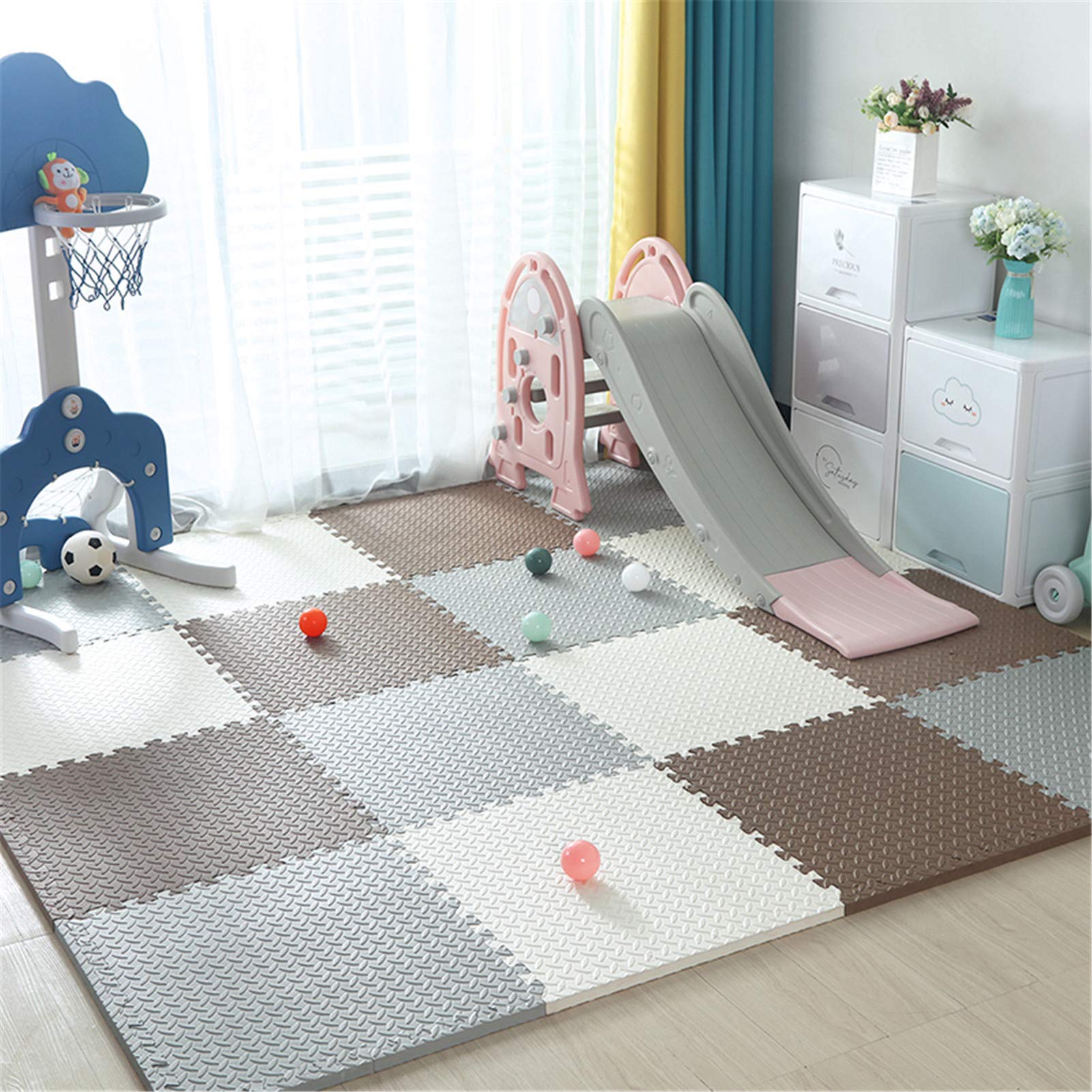 Tapis De Jeu De Puzzle D'activité, Tapis en Caoutchouc Mousse EVA avec Bords, Protection Sol pour Aire Jeux pour Enfants Salon Chambre À Coucher,White+Gray+Brown,8