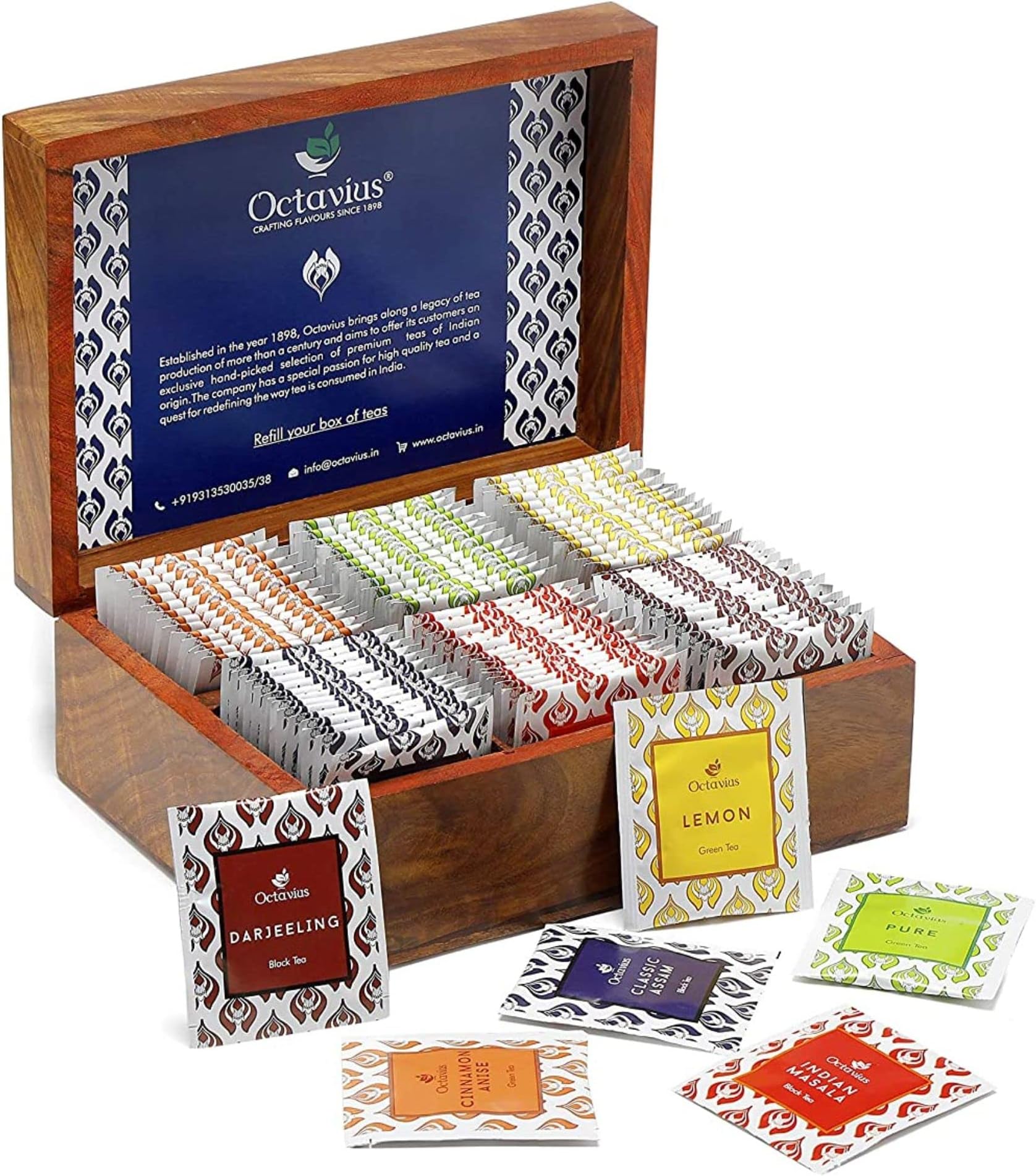 Octavius Assorted Tea Gift Set | 6 Assorted Black & Green Teas | 90 Teabags | Wooden Tea Sampler Pack | Pack of 1