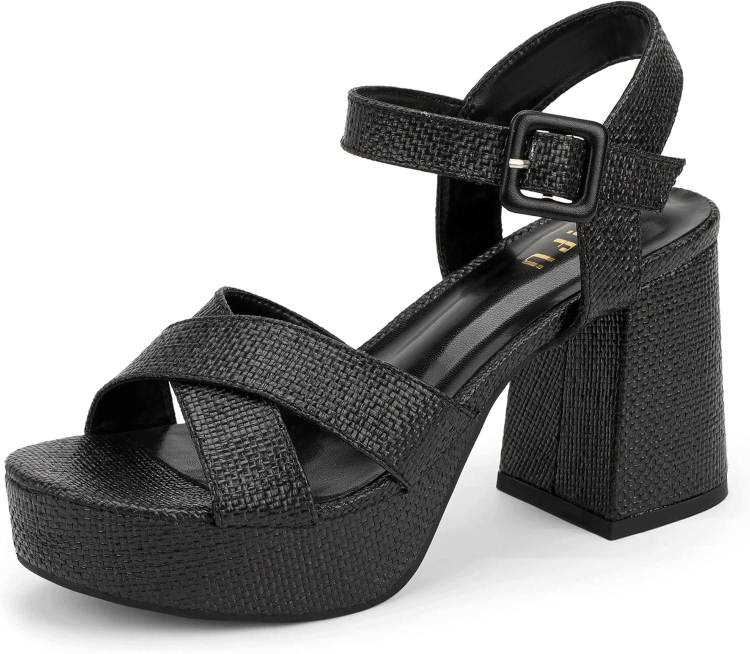 IDIFU Women's Raffia Platform Chunky Heels Block High Heel Sandals Round Open Toe Ankle Strap Shoes Comfortable Party Dressy Daily Heels