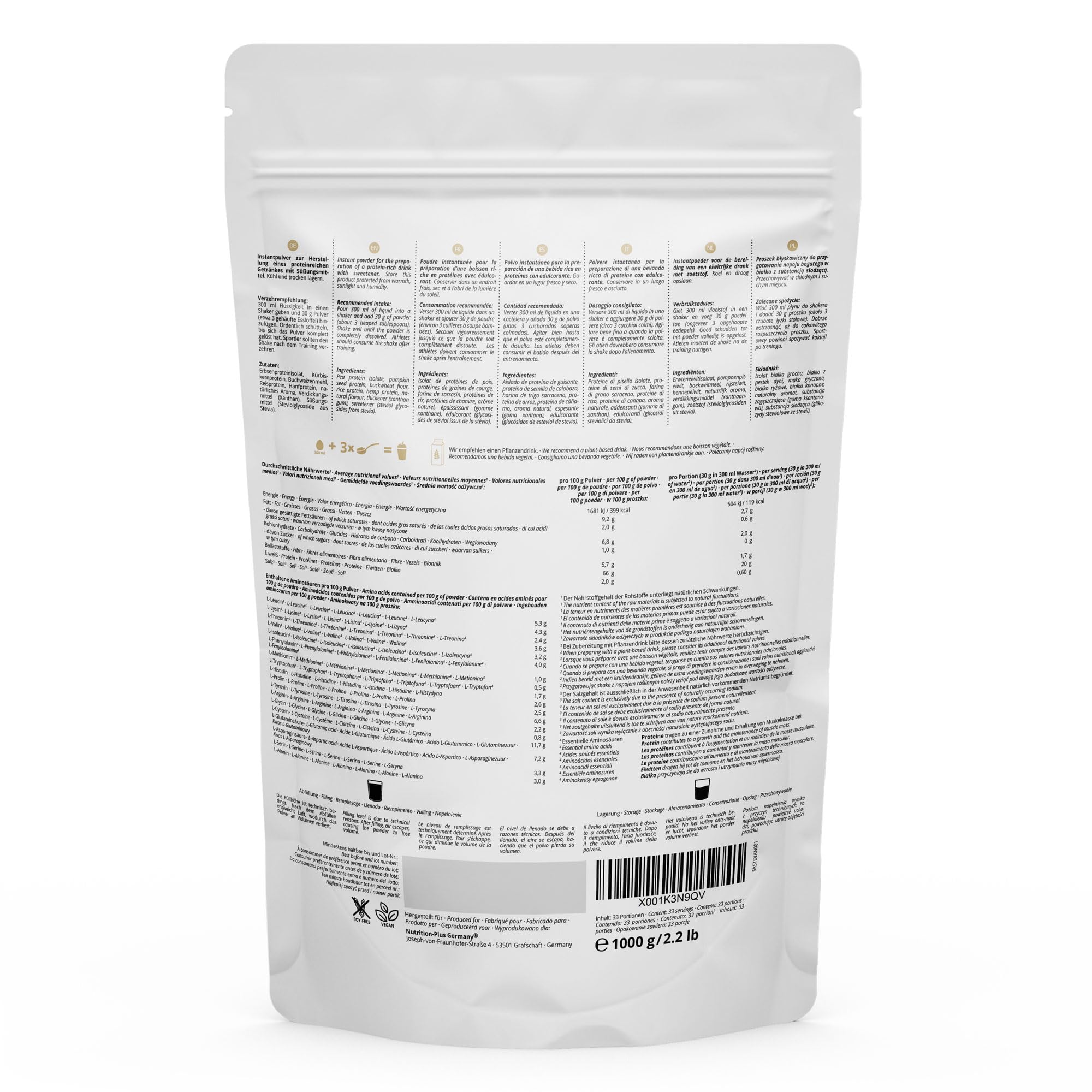 Nutri + Vegan Protein Vanille 1 kg - Veganes Proteinpulver ohne Sucralose + Soja - Eiweißpulver aus Reis, Erbsen, Hanf, Buchweizen und Kürbiskernen